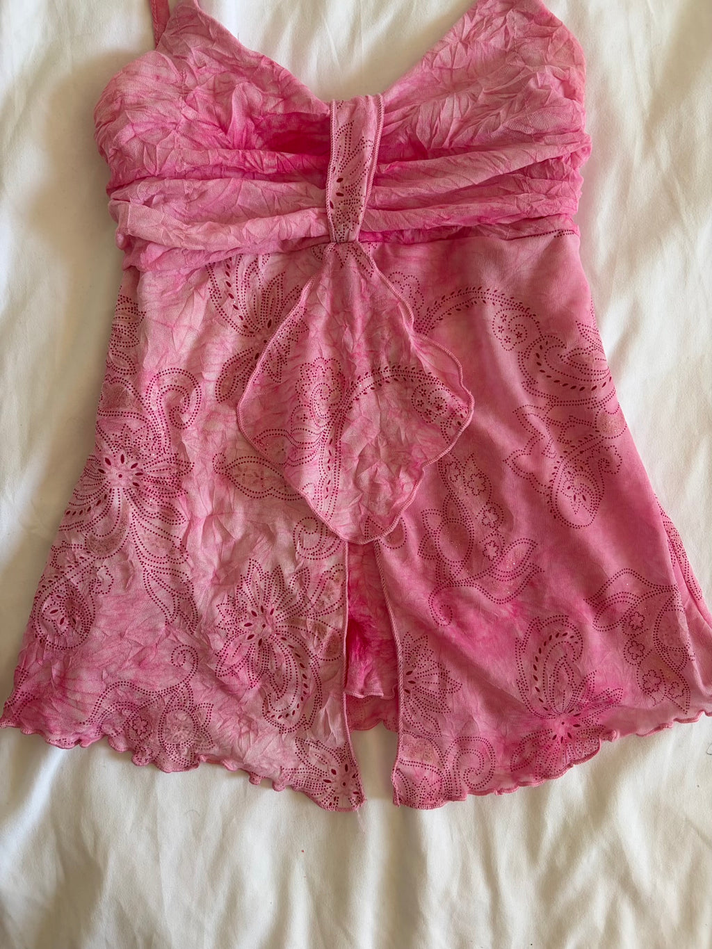 Vintage pink knot bust cami with floral print and sparkly detail and lettuce hem