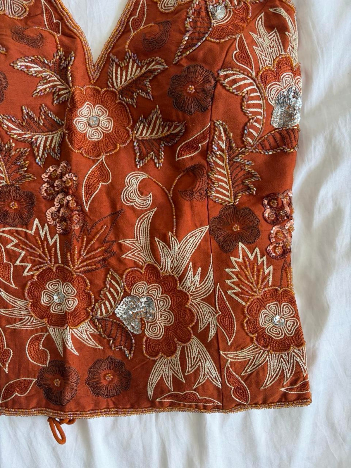 Vintage Y2K burnt orange silk beaded, bronze and silver sequin corset style halter - Size Medium