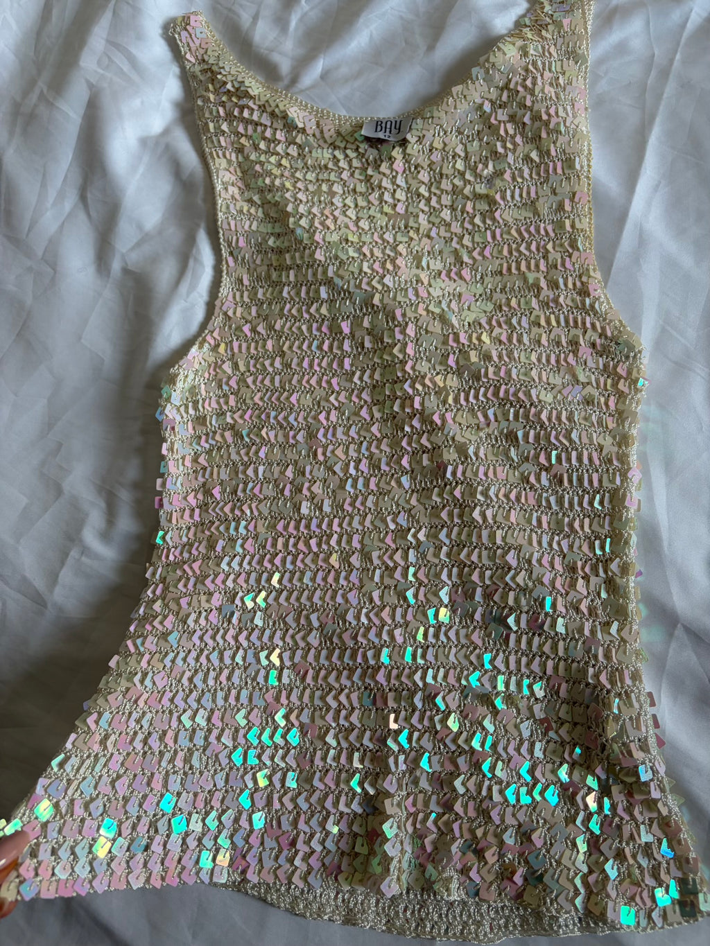 Vintage Y2K Bay Cream Scoop Neck Crochet Iridescent Sequin Cami