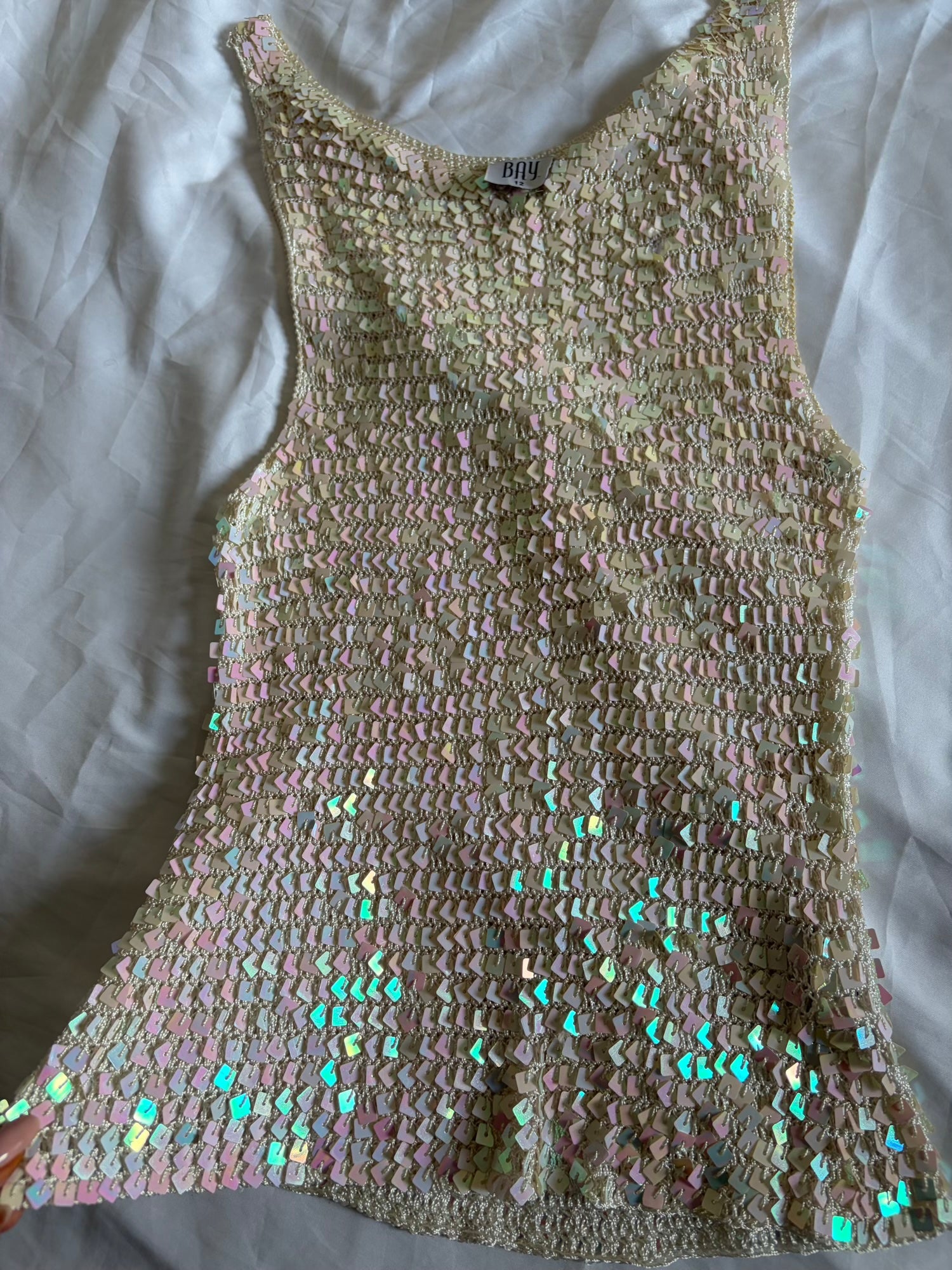 Vintage Y2K Bay Cream Scoop Neck Crochet Iridescent Sequin Cami