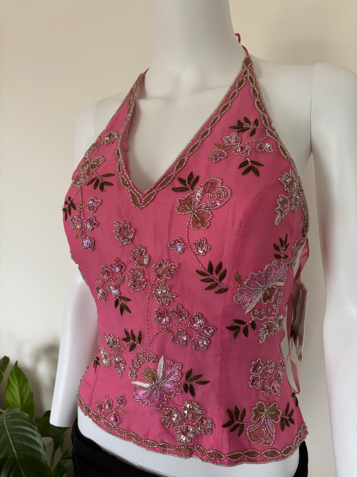 Vintage 2000s Banke B Silk Pink Sequin and Beaded Corset Halter, UK 10–12