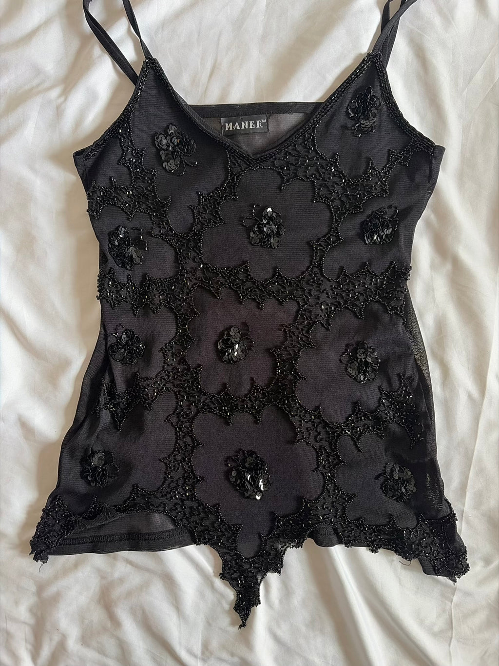 Vintage Y2K Black Handkerchief Hem Beaded and Sequin Cami