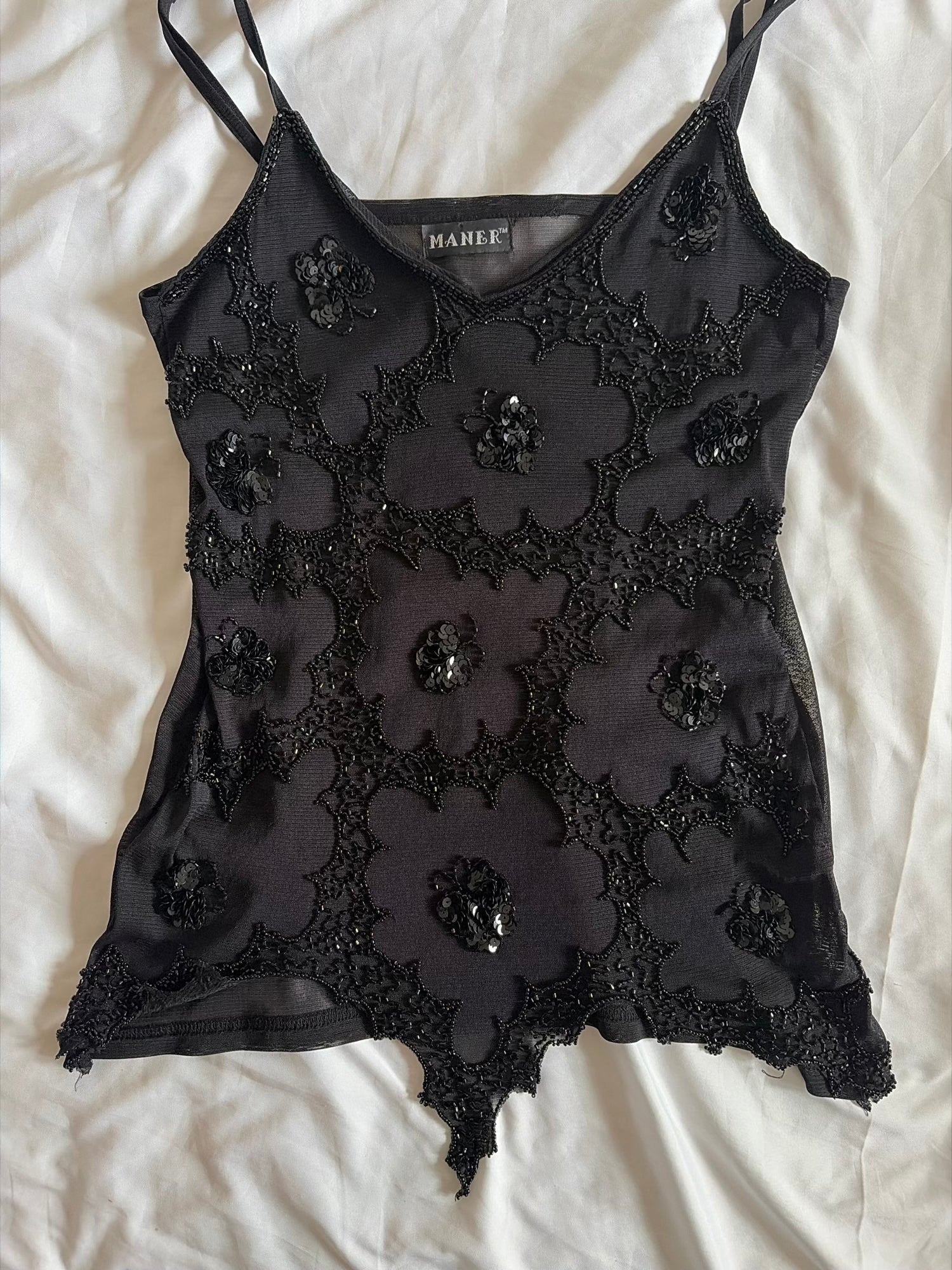 Vintage Y2K Black Handkerchief Hem Beaded and Sequin Cami