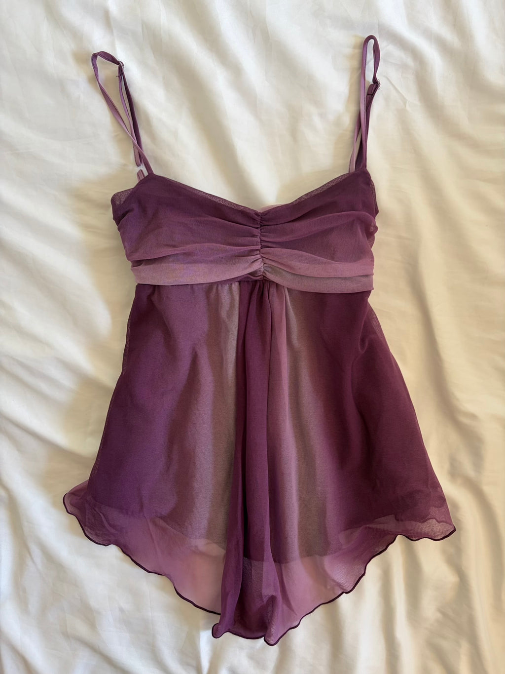 Vintage Y2K Purple Ombre Mesh Cami with Ruched Bust and Asymmetrical Hem
