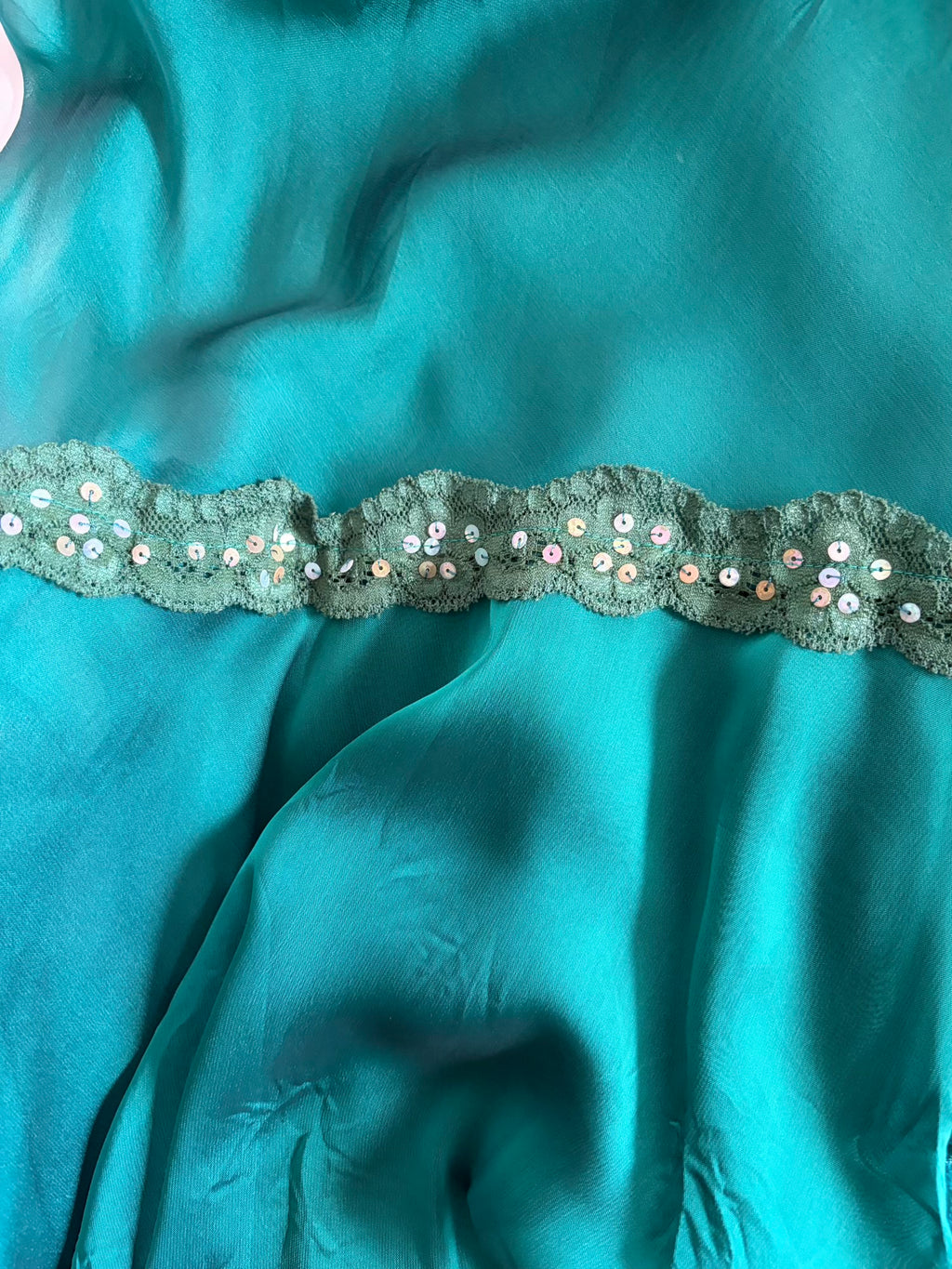 Vintage Y2K Teal Fairy Sheer Mini Asymmetrical Hem Dress with Lace and Sequins