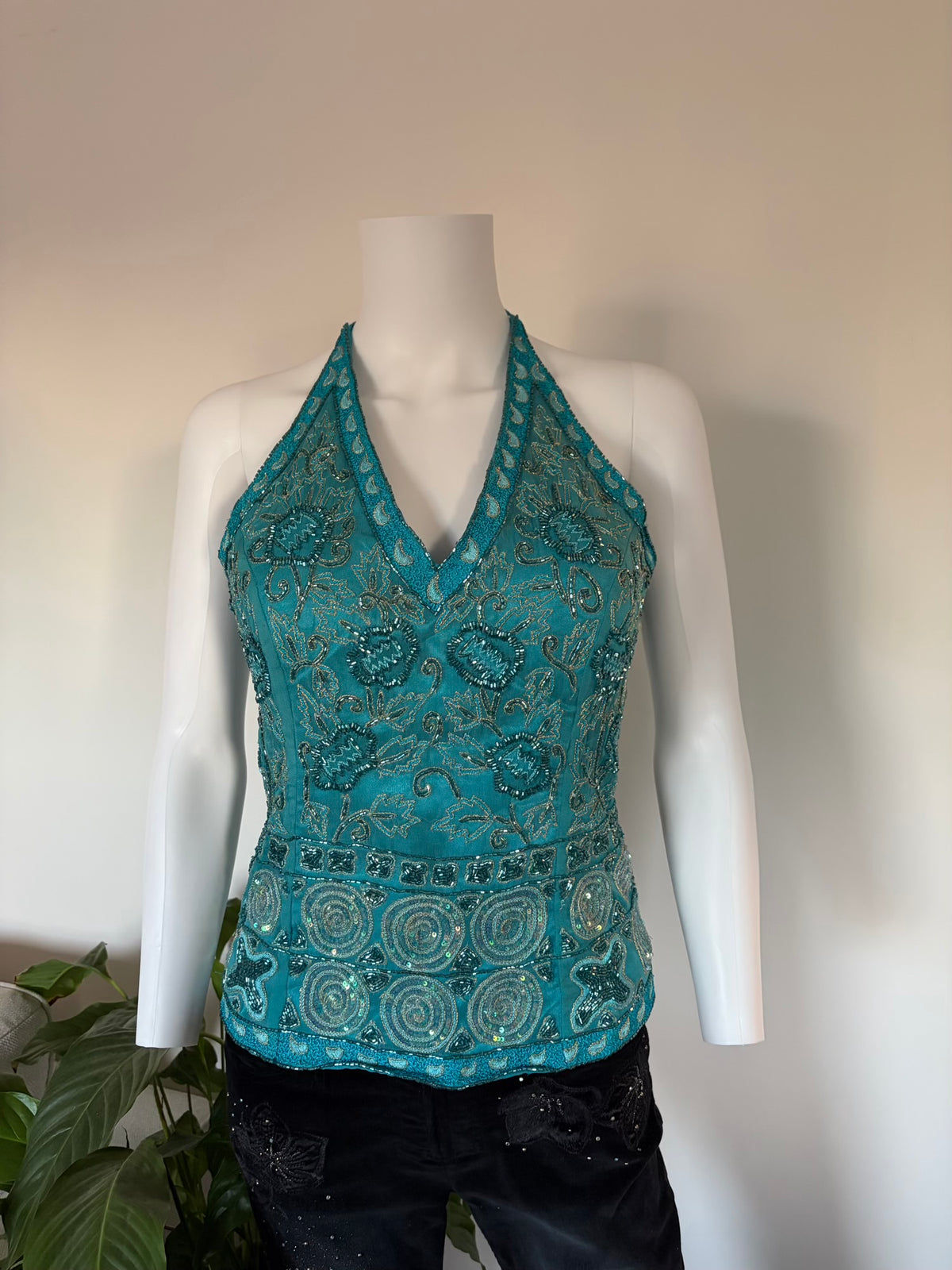Vintage 2000s Aftershock Silk Cyan Blue Beaded Corset-Style Halter