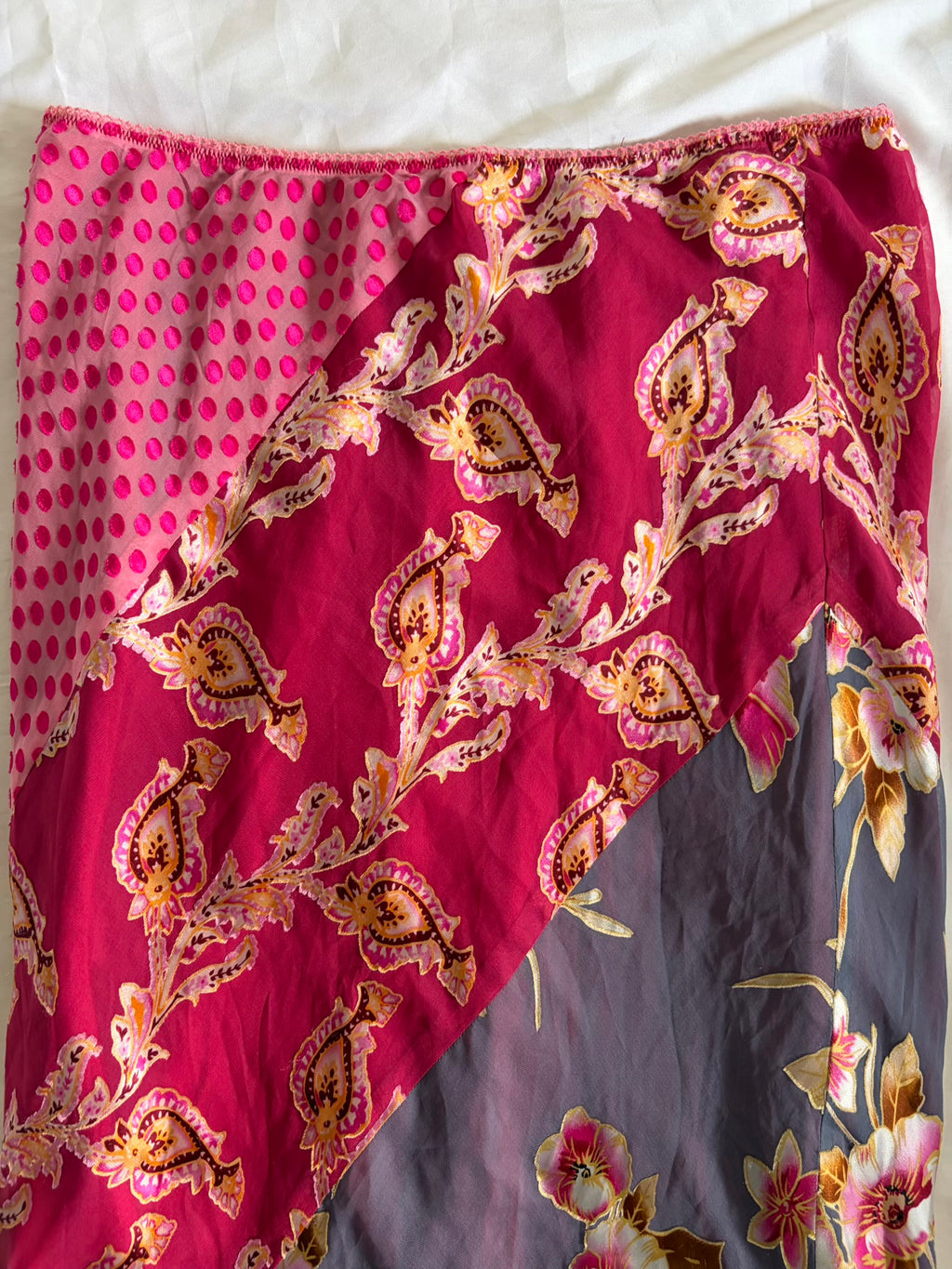 Vintage 1990s Silk Blend Patchwork Paisley Floral Polka Dot Midi Skirt