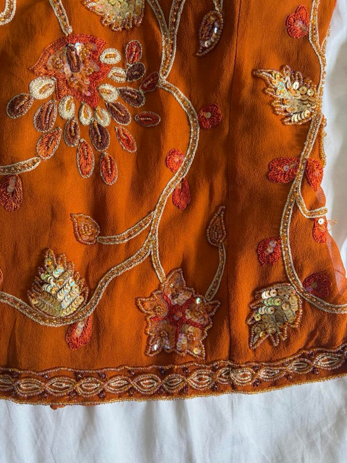 Vintage Y2K burnt orange silk beaded, bronze and gold sequin corset style halter - Size Large