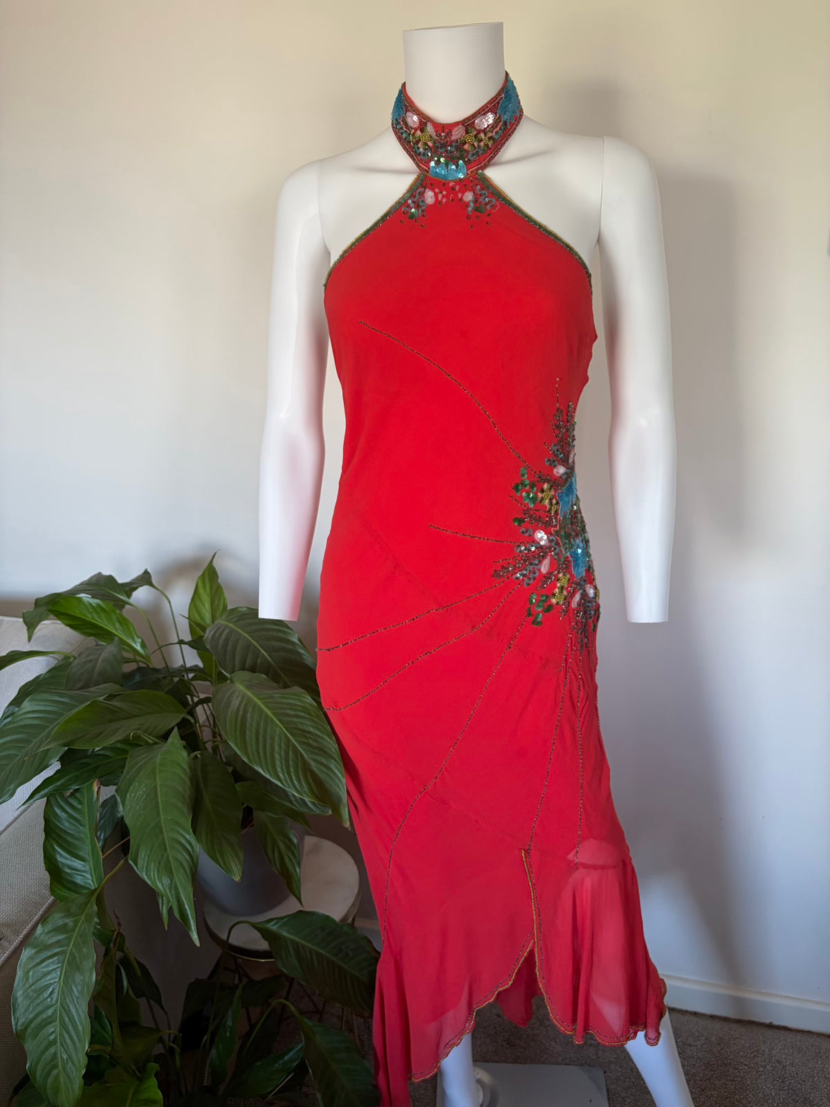 Vintage 2004 Karen Millen Red Silk Asymmetrical Hem Halterneck Dress with Beadwork