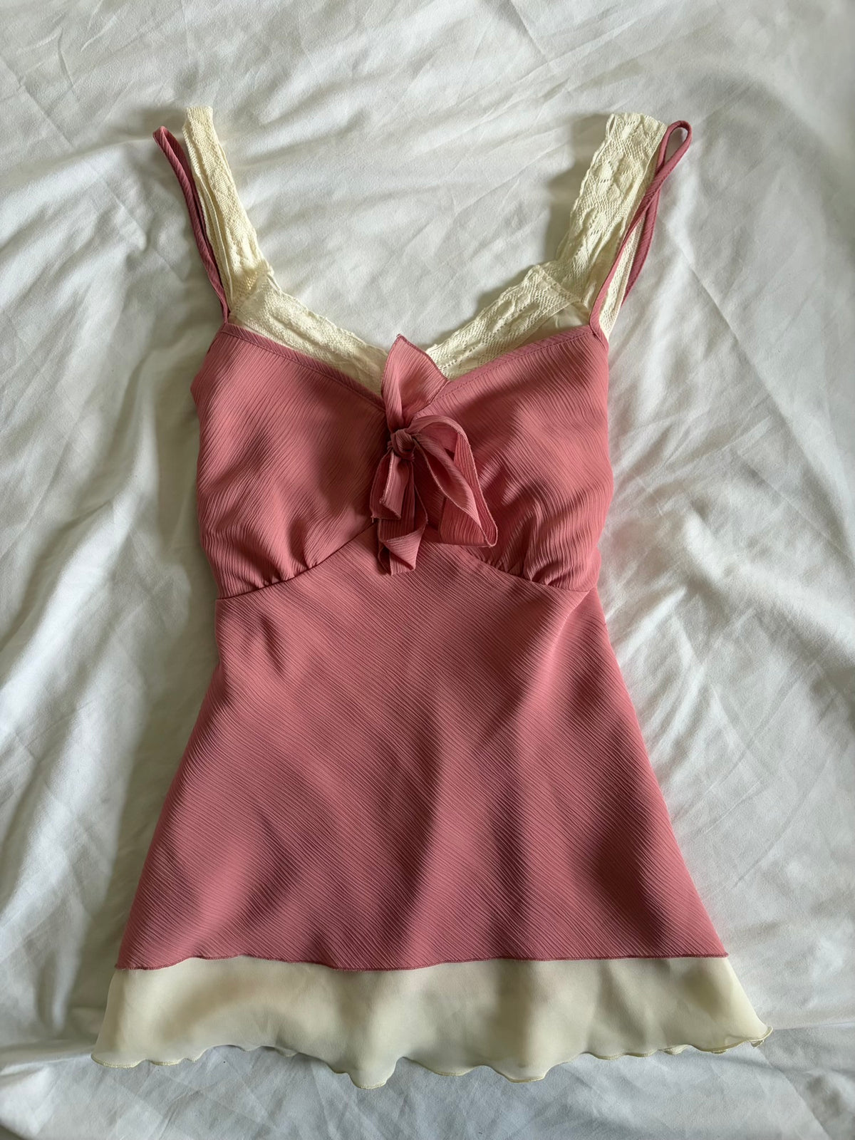 Vintage 1990s Dusty Pink Tie Bust Cami with Built-In Lace Cami