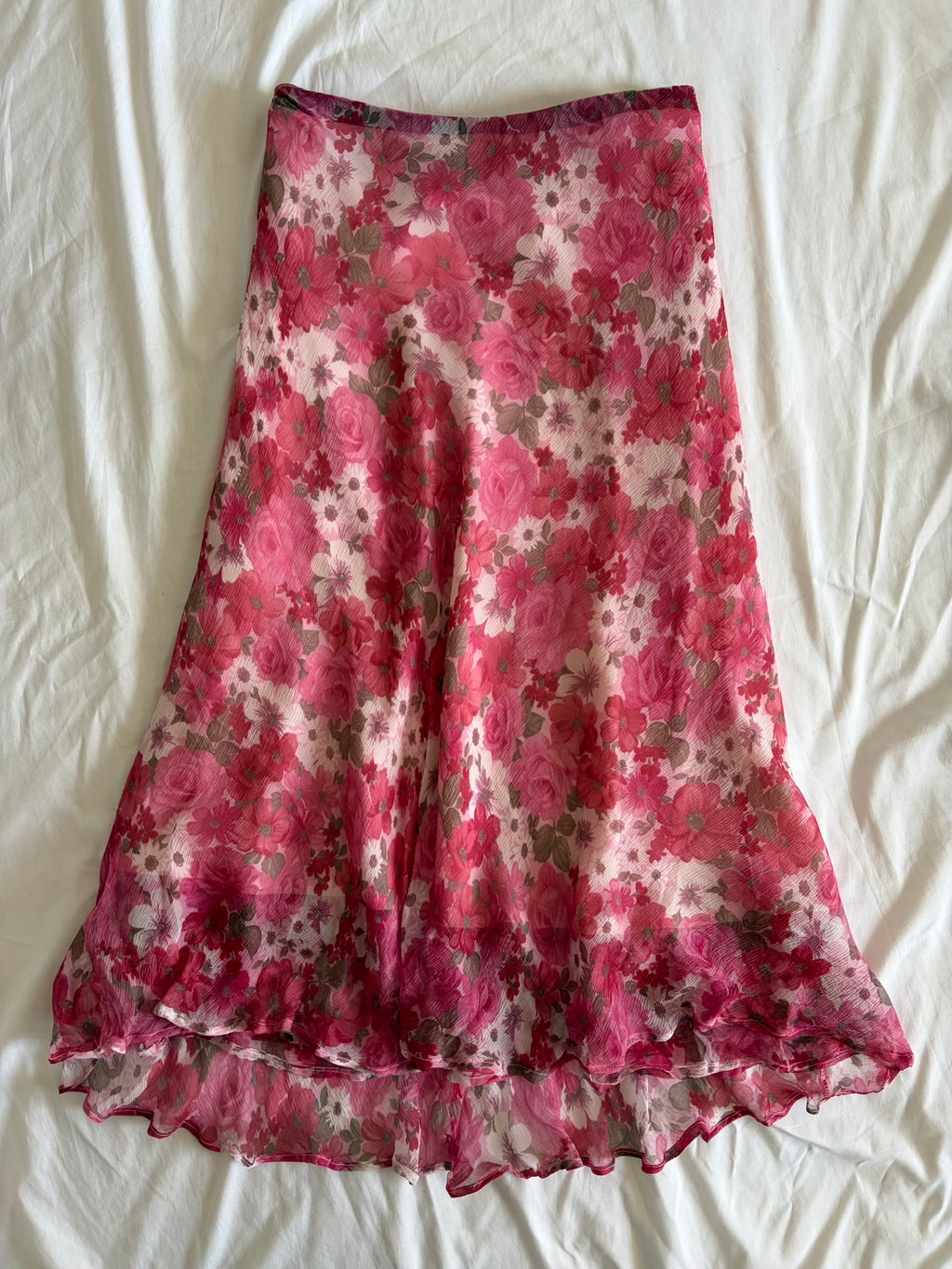 Vintage 1990s Silk Pink and Red Floral Maxi Skirt with Floaty Fairy Hem