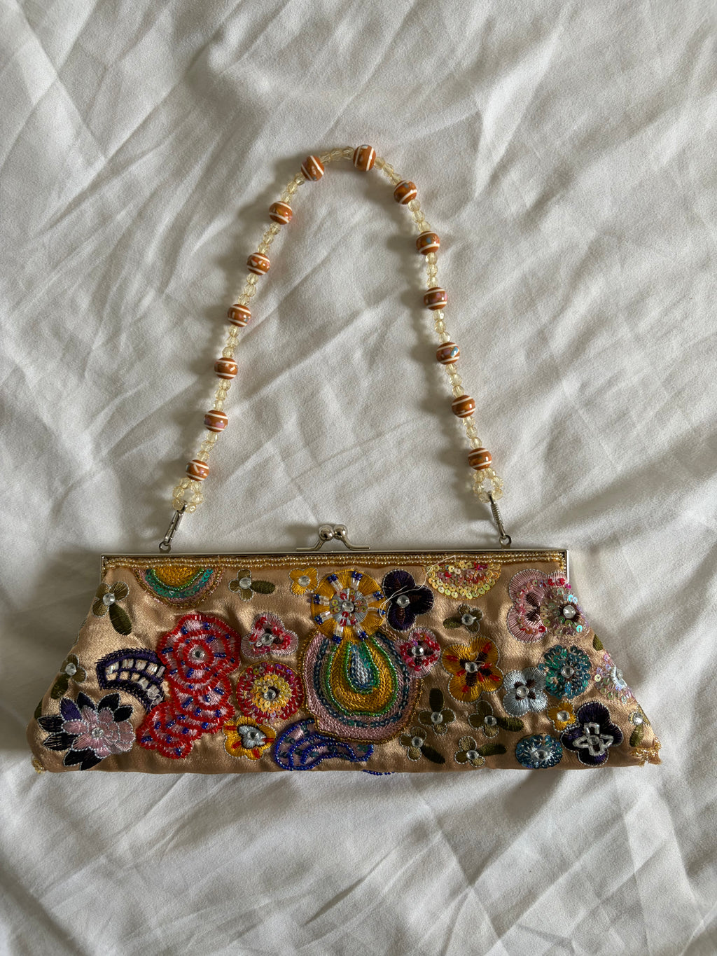 Vintage 2000s Champagne Beaded Bag with Beaded Handle