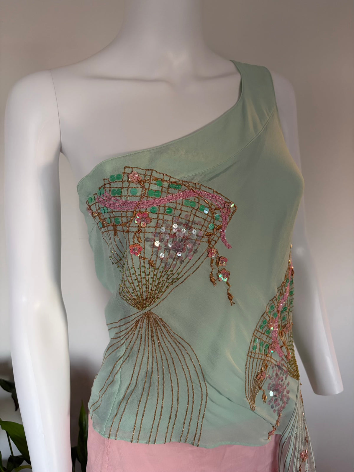 Rare 2004 Karen Millen Silk Turquoise Blouse with Fan Beadwork and Draped Fringe
