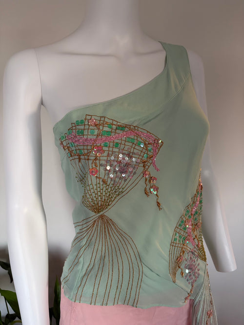 Rare 2004 Karen Millen Silk Turquoise Blouse with Fan Beadwork and Draped Fringe