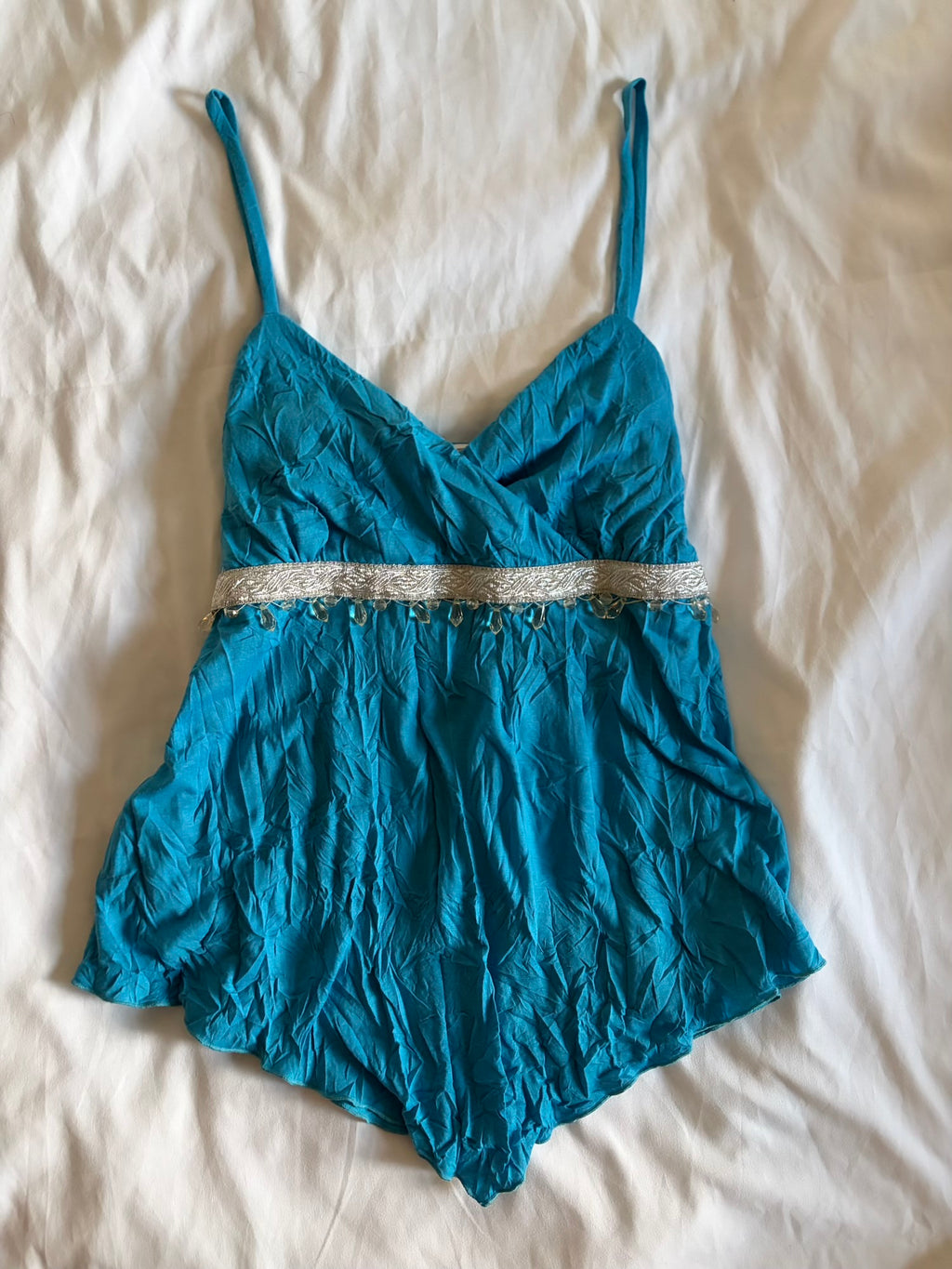 Vintage Y2K crinkle teal cami with underbust beaded detail and asymmetrical hem