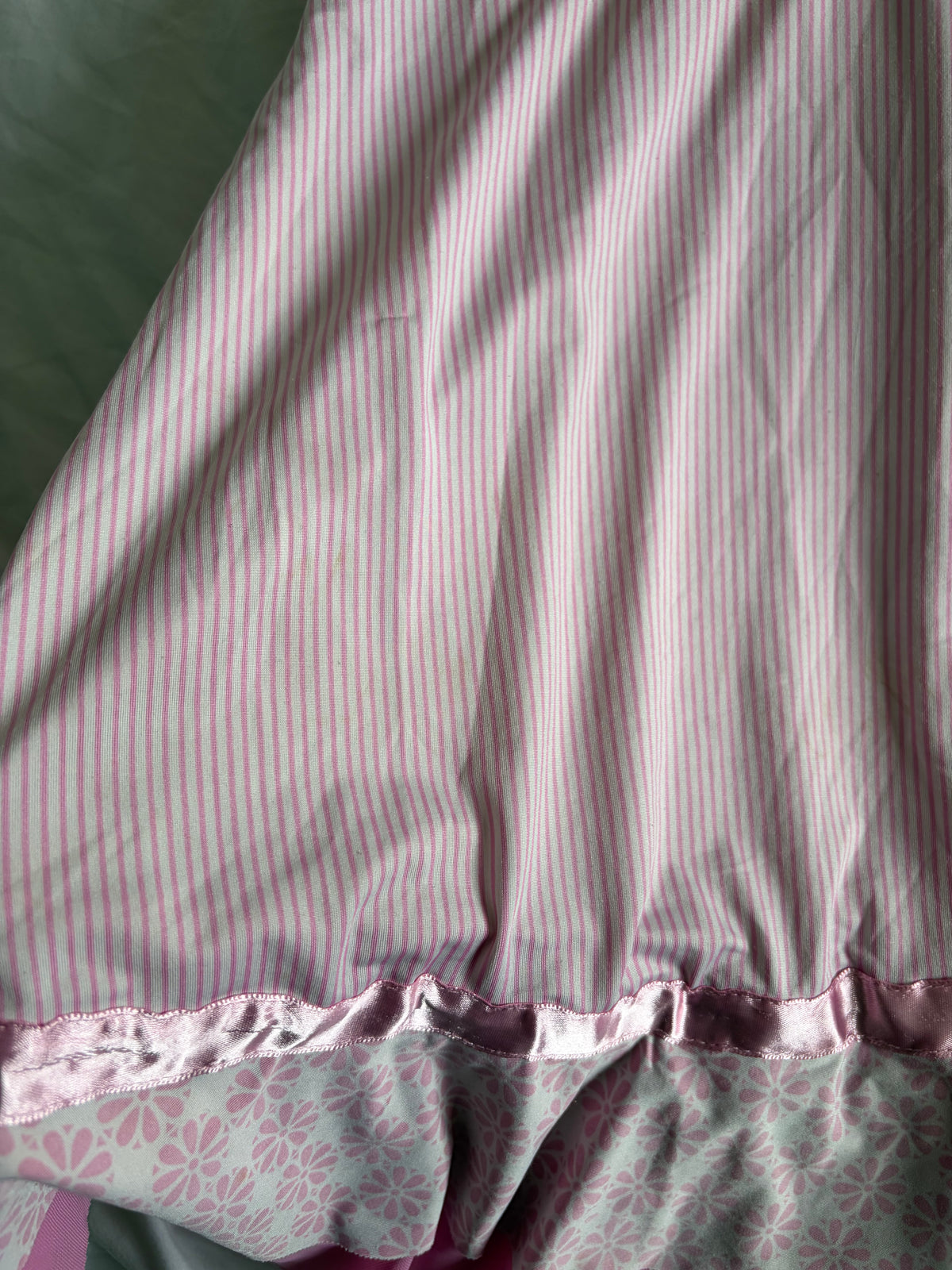 Vintage 2000s Pink Pinstripe and Floral Mini with Mesh Ruffle Hem