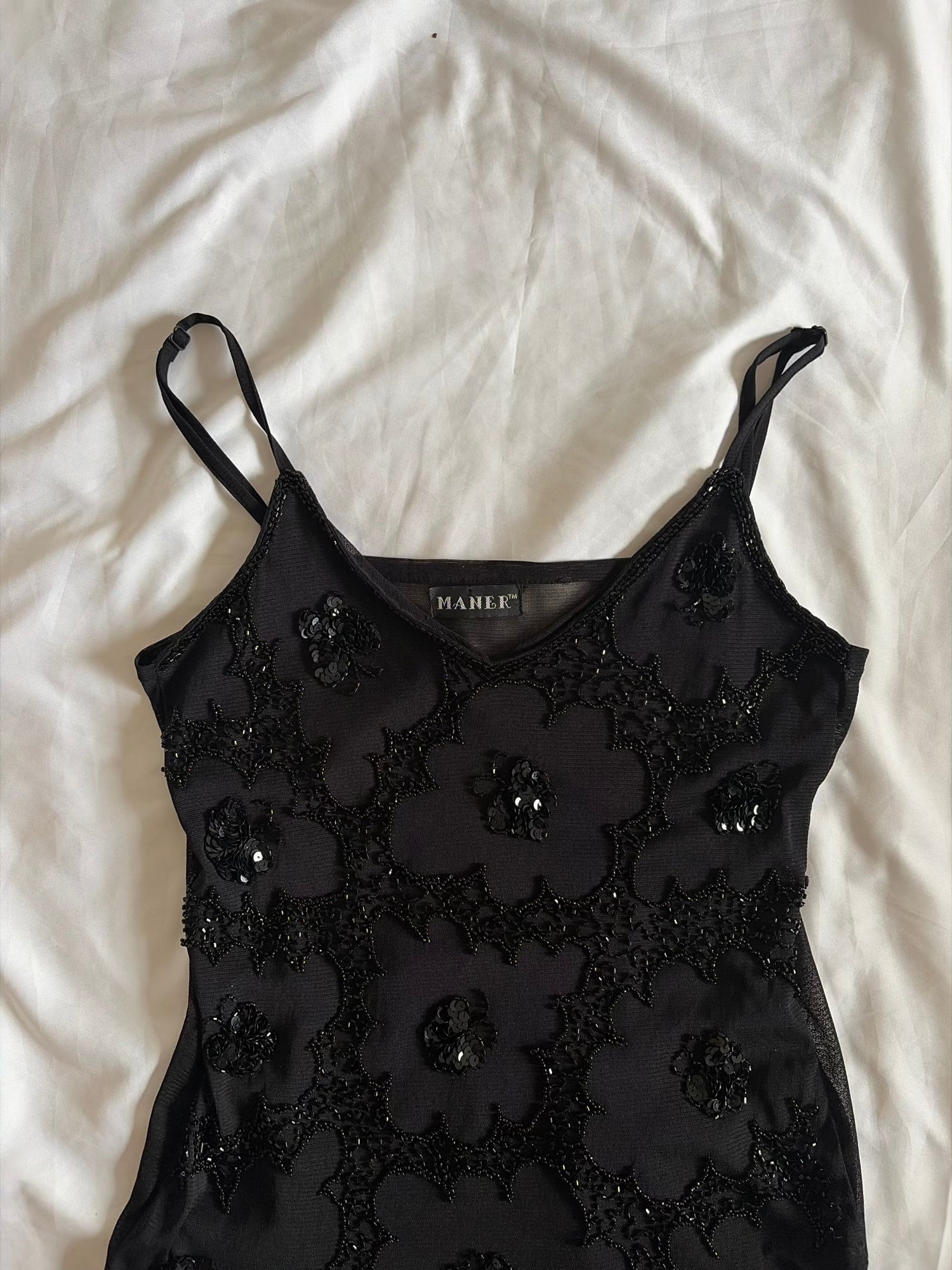 Vintage Y2K Black Handkerchief Hem Beaded and Sequin Cami
