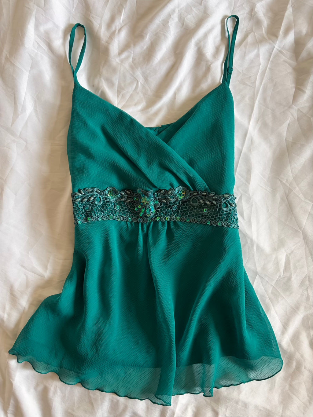 Vintage Y2K Teal Cami with Embellished Underbust Detail with Beads and Sequins