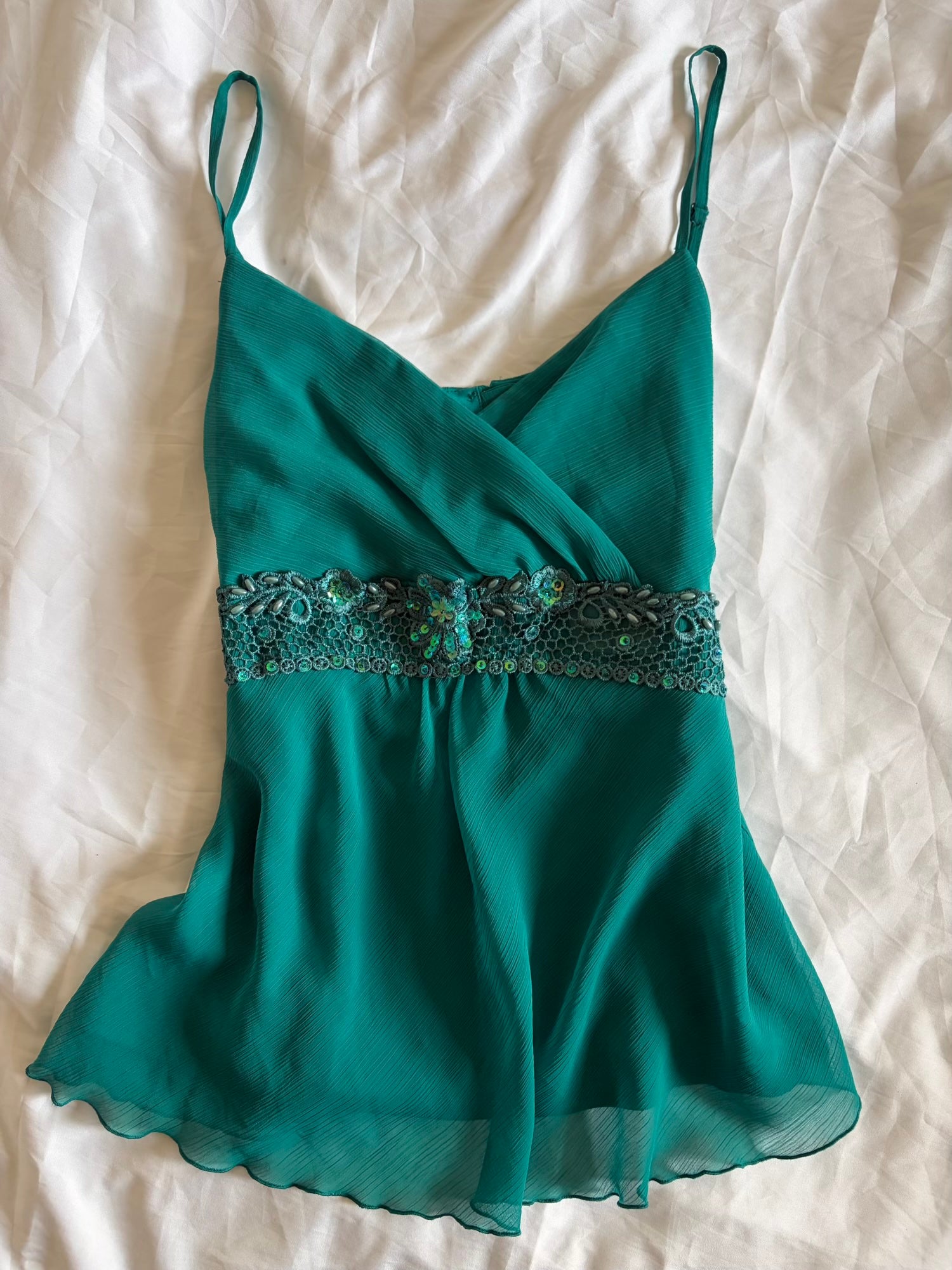 Vintage Y2K Teal Cami with Embellished Underbust Detail with Beads and Sequins