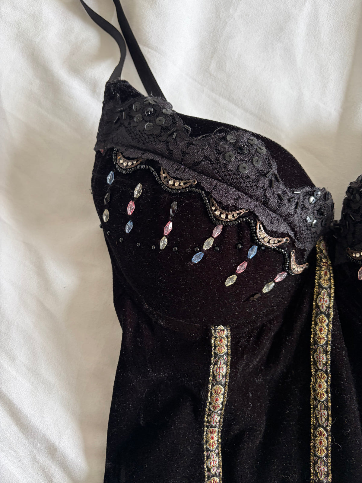 Vintage 1990s French Black Whimsy Sequin Corset Top, UK 12–14