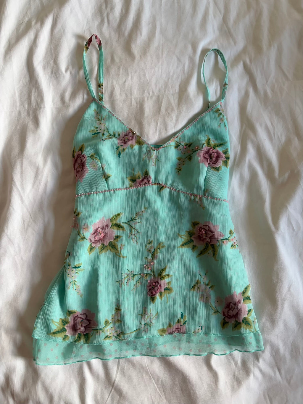 Vintage Y2K blue floral pink sequin and beaded cami