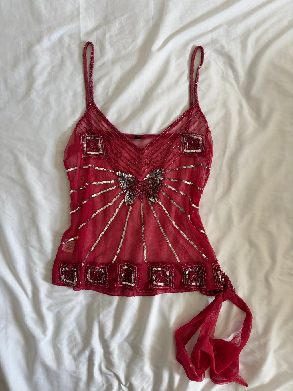 Vintage Y2K Raspberry Pink Mesh Butterfly Sequin Cami