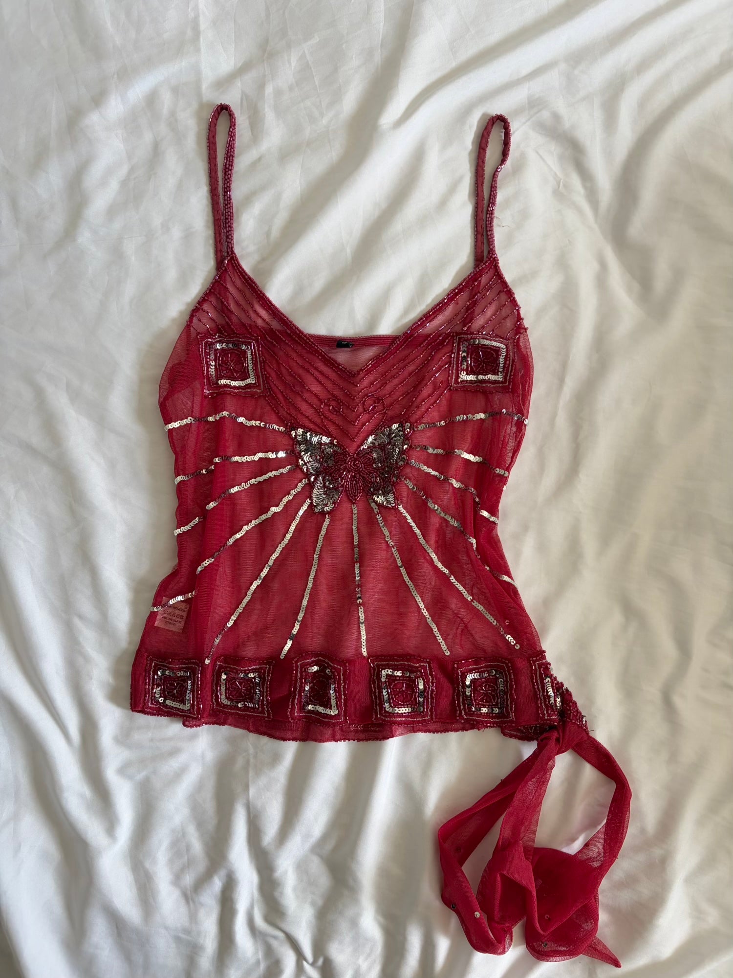 Vintage Y2K Raspberry Pink Mesh Butterfly Sequin Cami