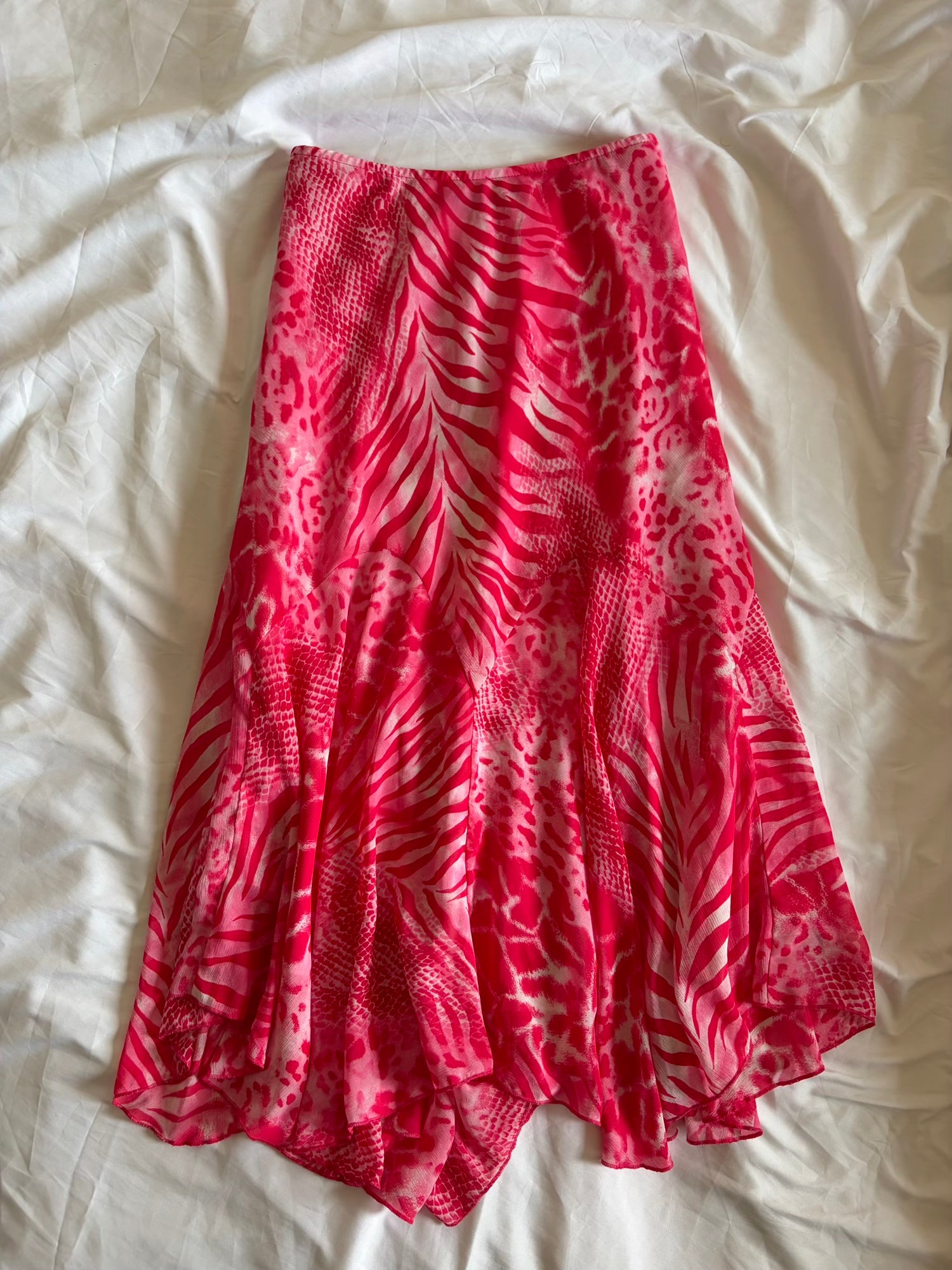 Vintage Y2K Neon Pink Mermaid Hem Leopard and Zebra Print Maxi Skirt