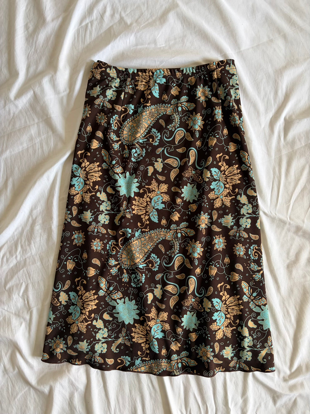 Vintage Y2K Brown and Turquoise Paisley Midi Skirt