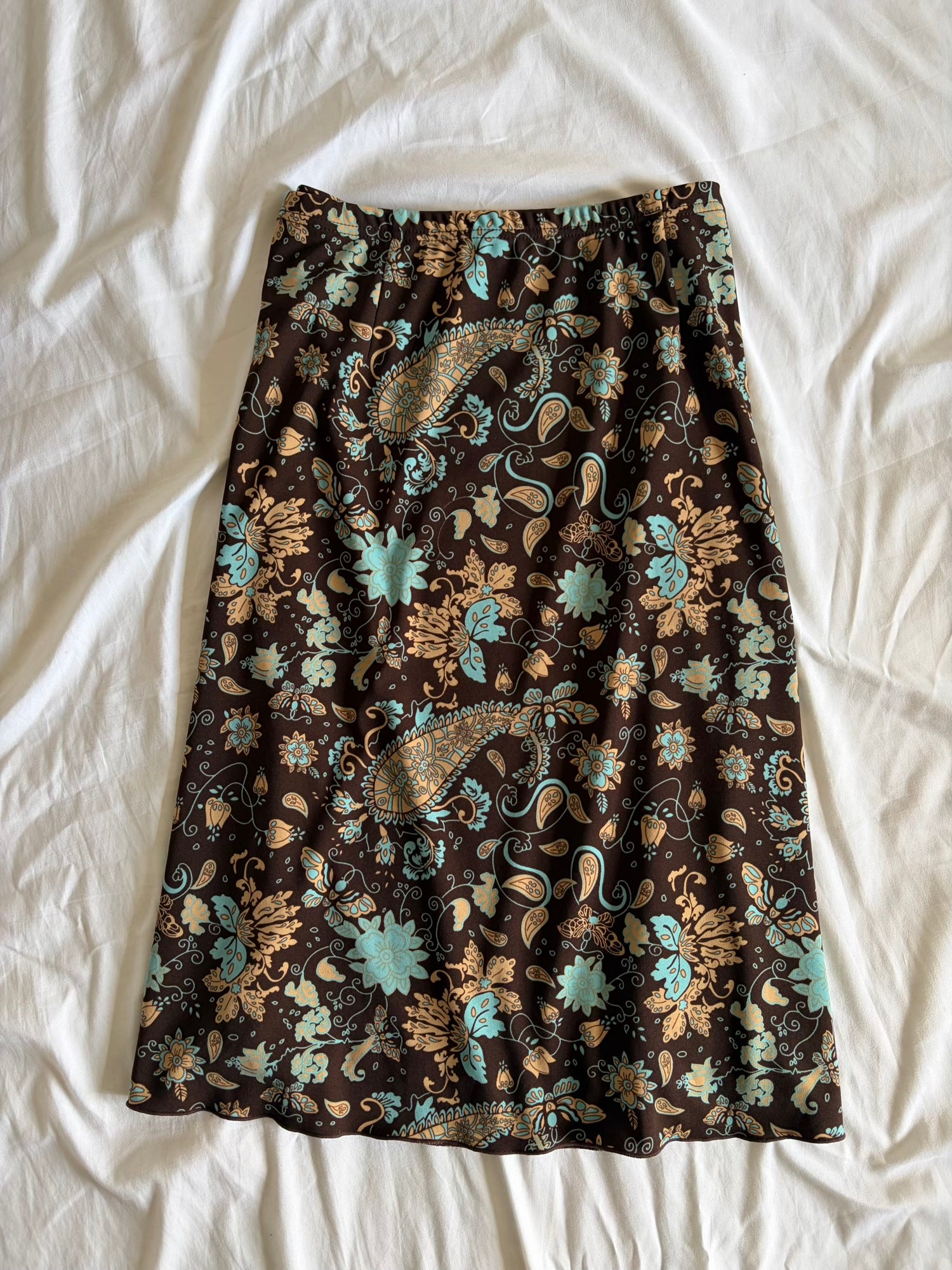 Vintage Y2K Brown and Turquoise Paisley Midi Skirt