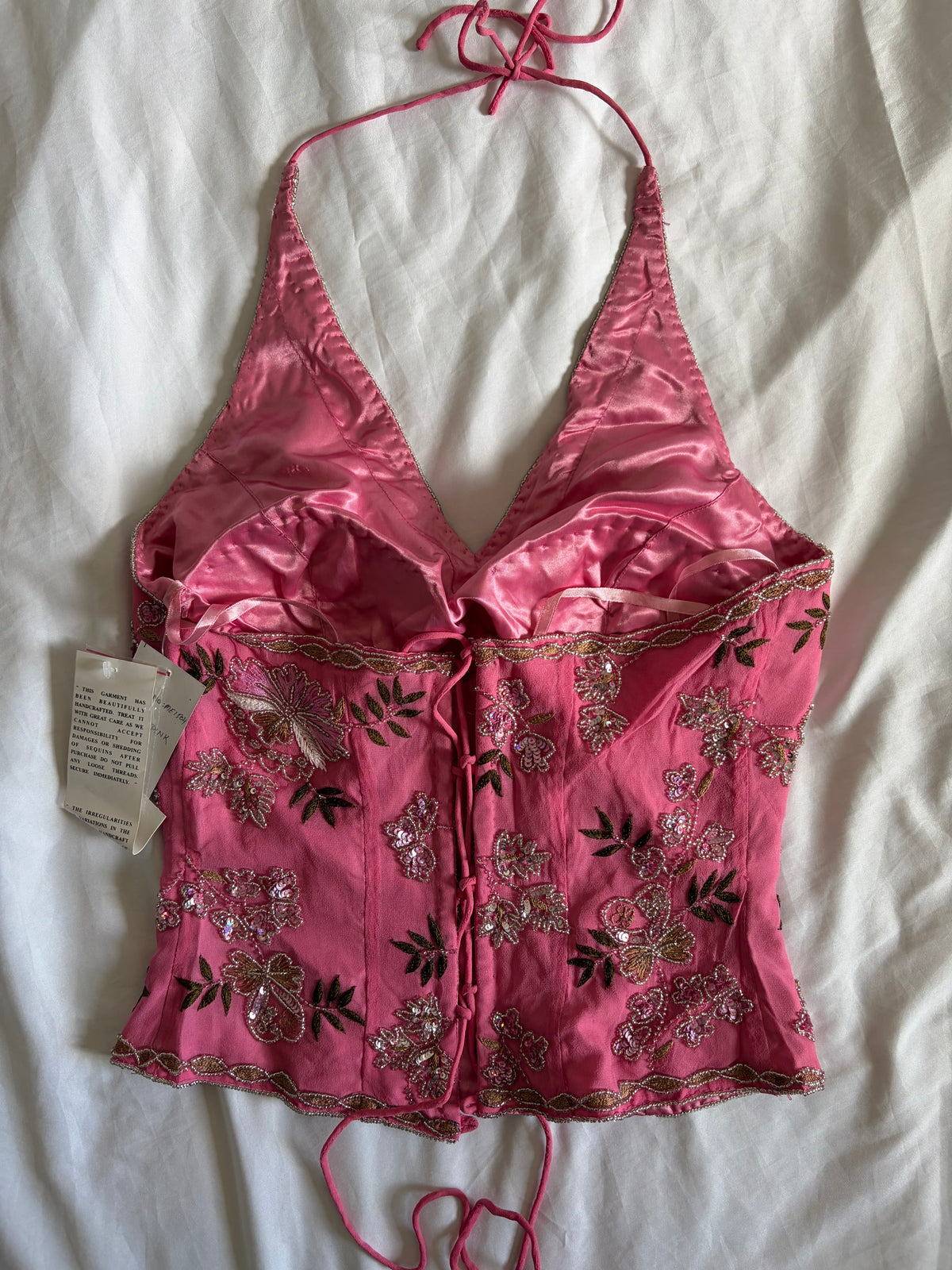Vintage 2000s Banke B Silk Pink Sequin and Beaded Corset Halter, UK 10–12