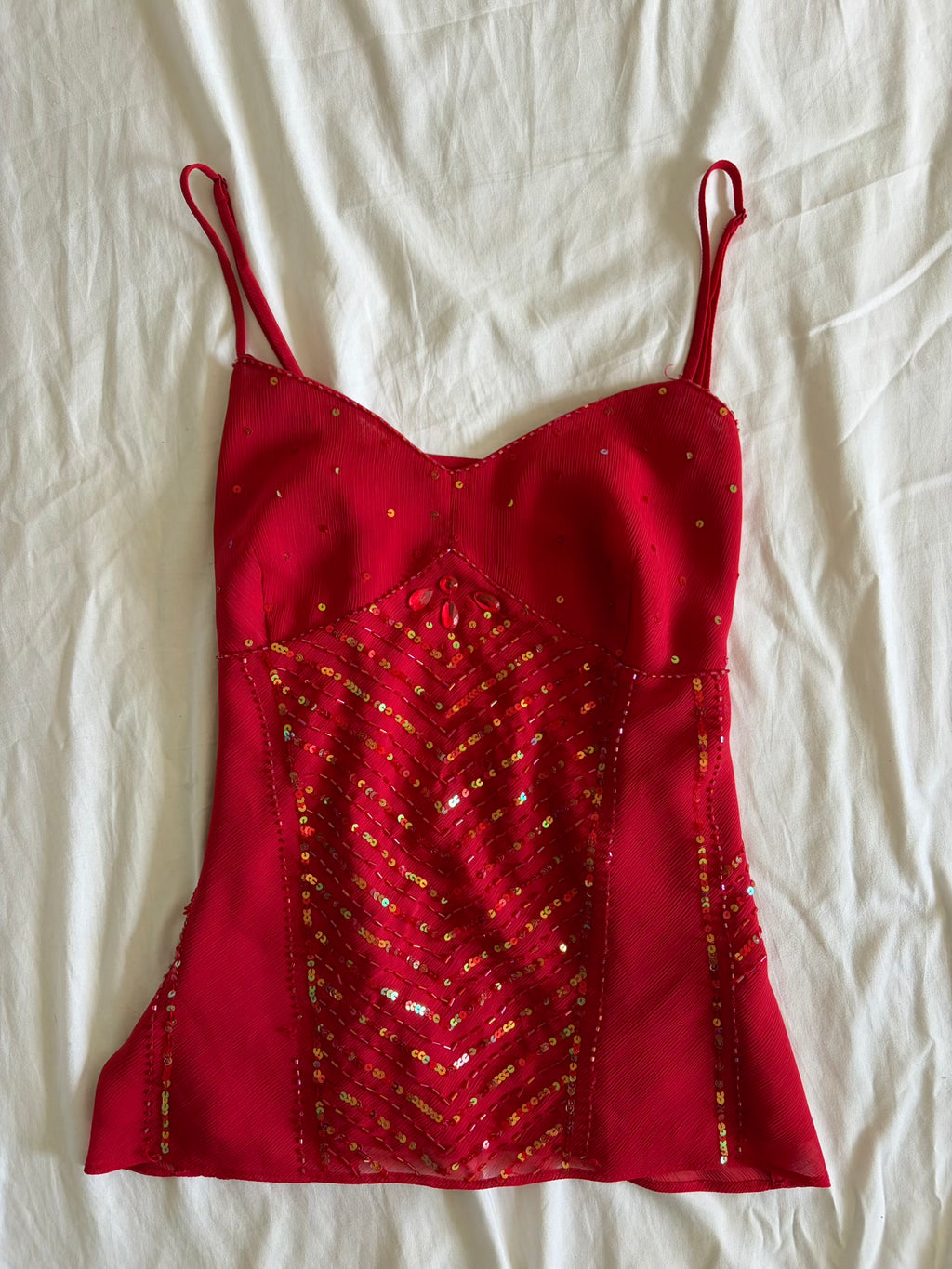 Vintage Y2K Sequin and Beaded Red Floaty Cami