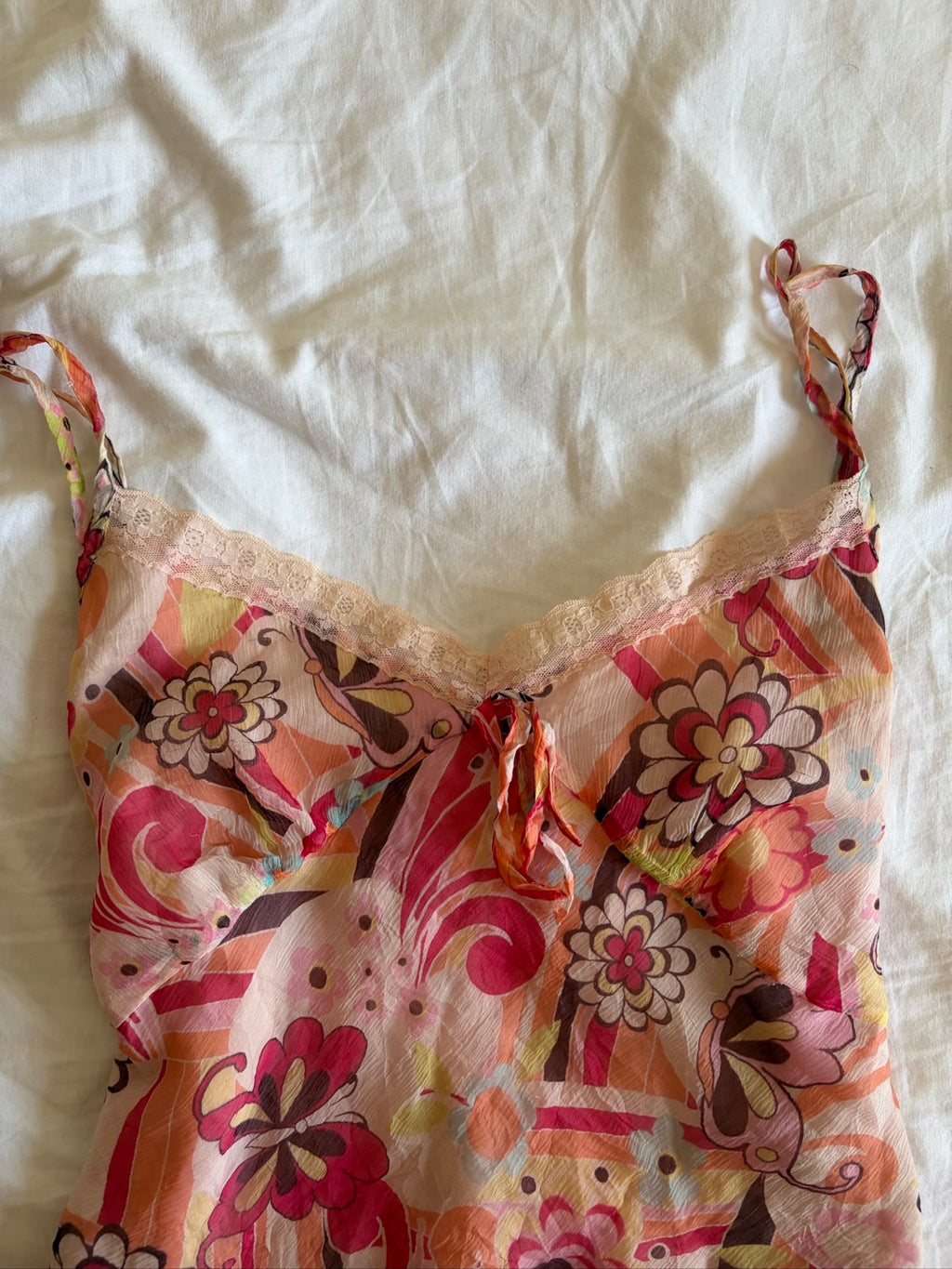 Vintage Y2K Italian silk butterfly and floral cami with lace bust