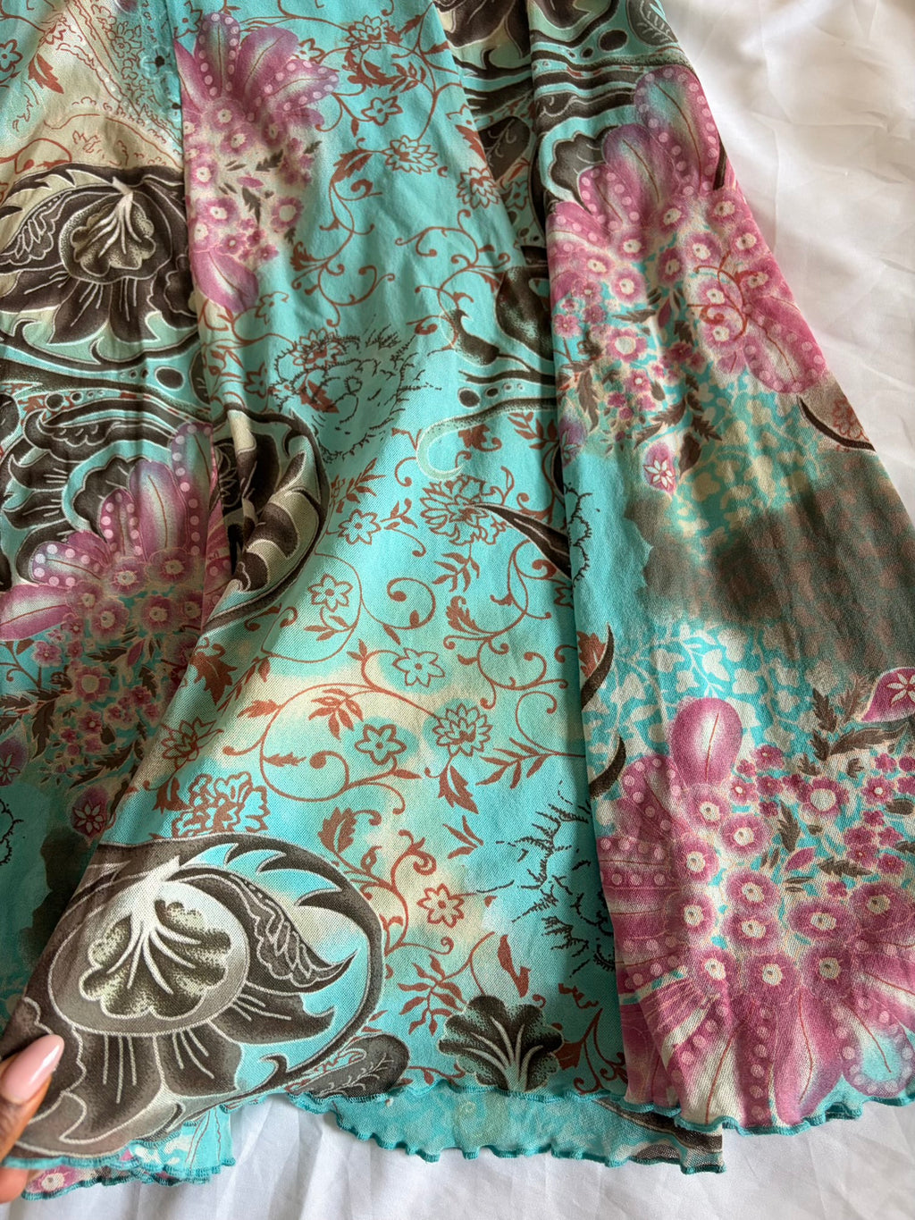 Vintage 1990s Blue Floral Graphic Micromesh Midi Skirt with Mermaid Hem