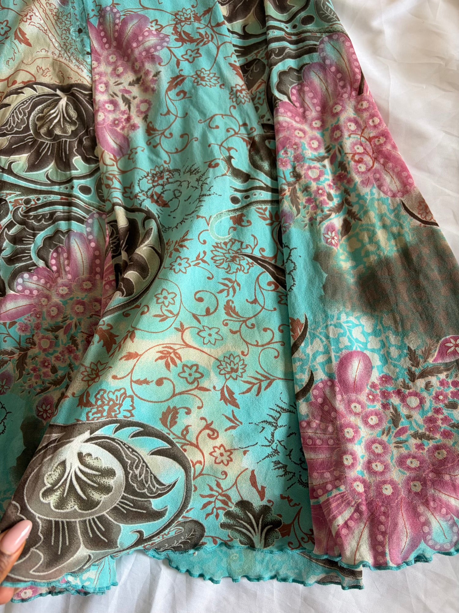 Vintage 1990s Blue Floral Graphic Micromesh Midi Skirt with Mermaid Hem