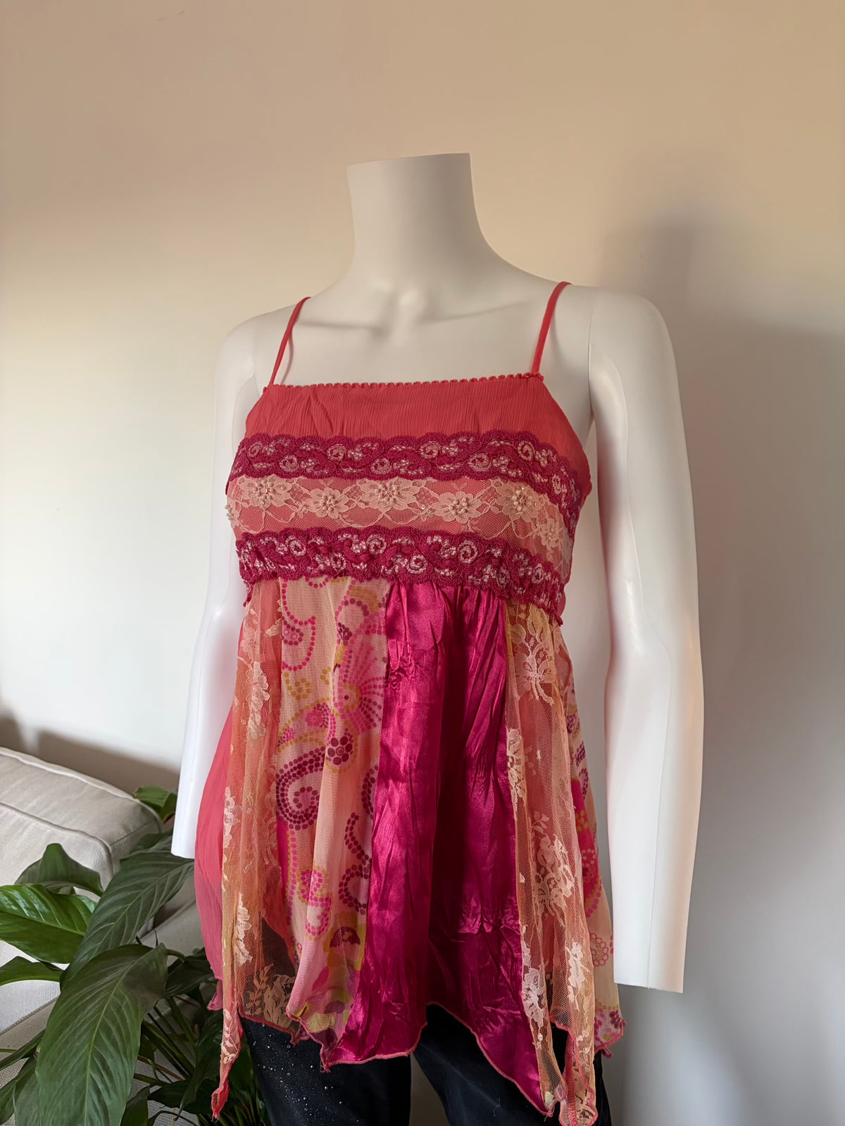 Vintage 2000s Pink Patchwork Cami with Handkerchief Hem