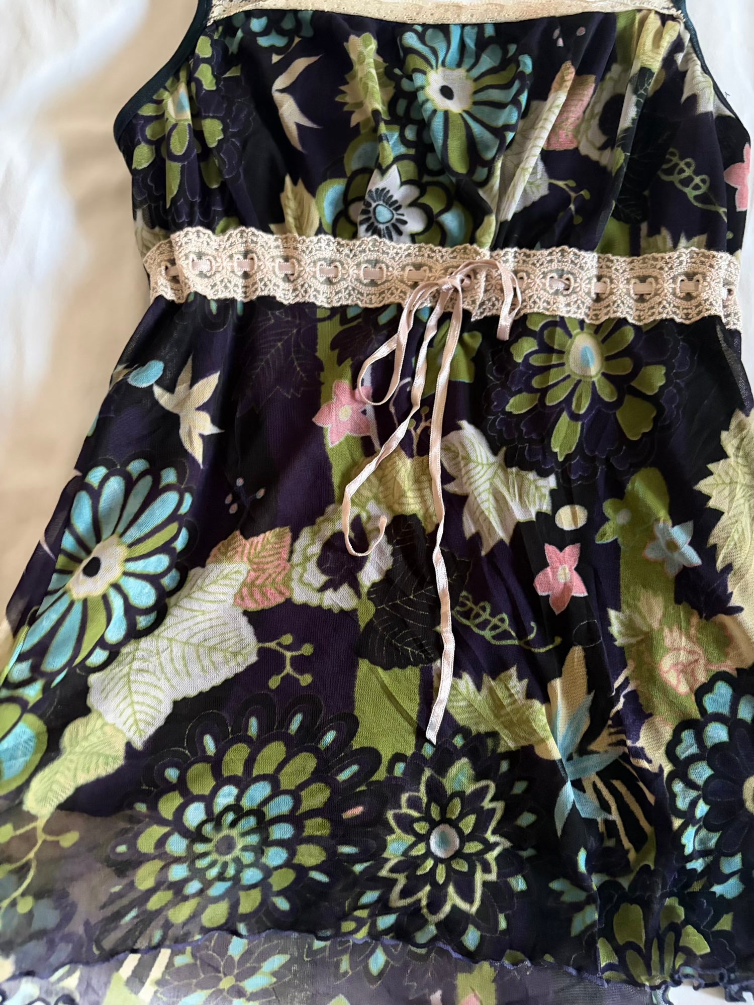 Vintage Y2K Japanese navy floral mesh overlay cami with ribbon bust detail