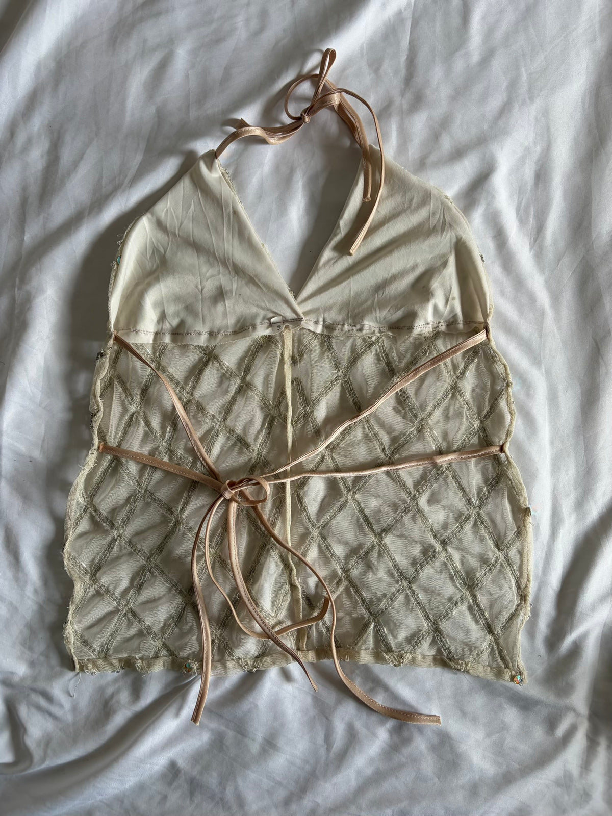 Handmade Backless Cream Cami with Beads and Iridescent Sequins
