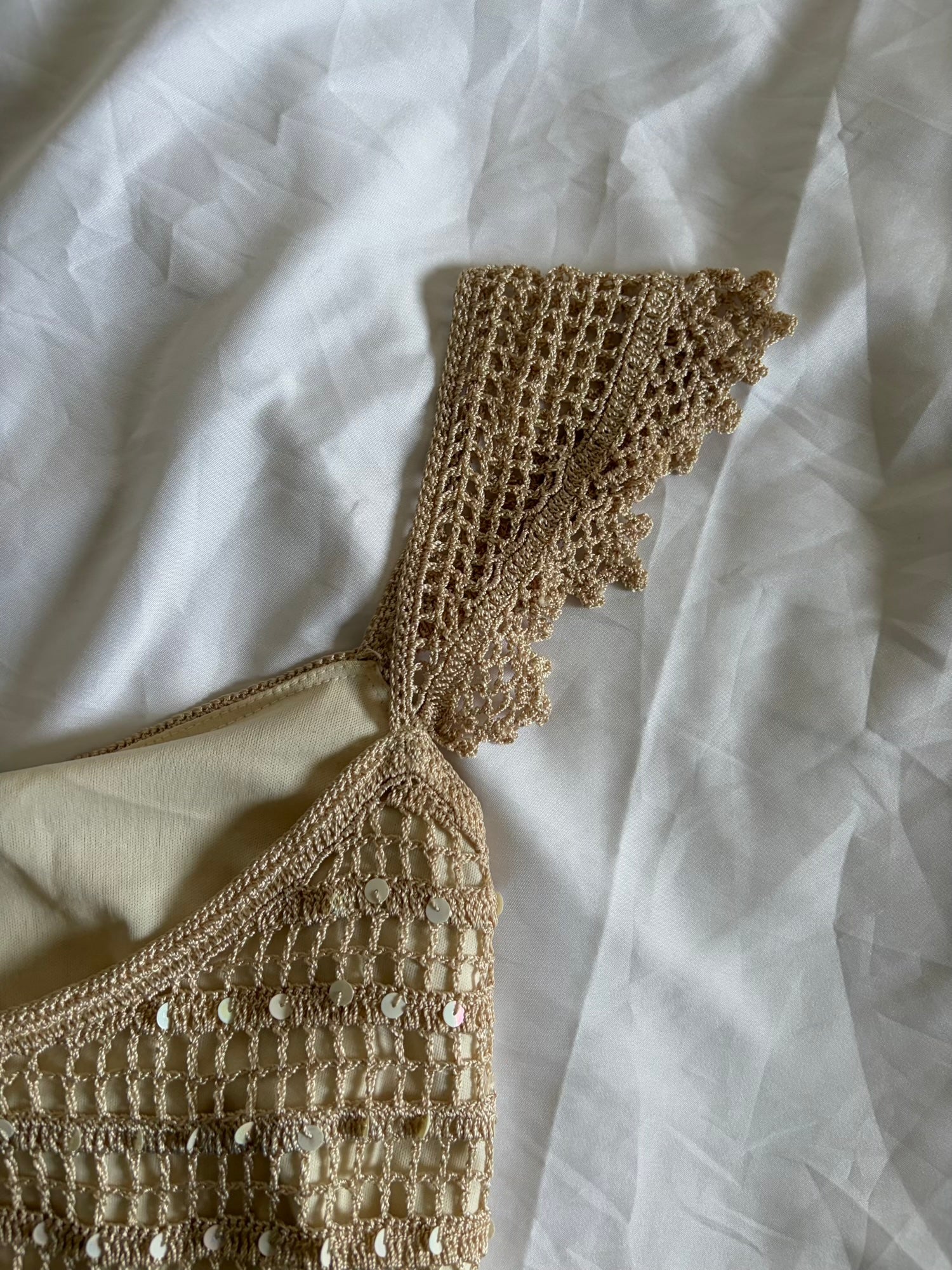 Vintage Y2K Champagne Crochet Top with Sequins and Romantic Sleeves