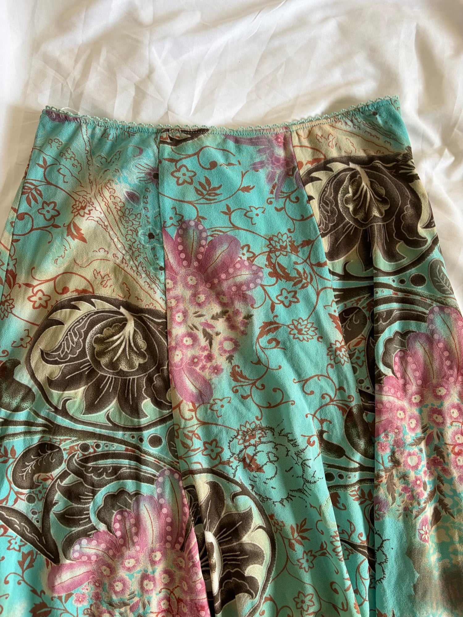 Vintage 1990s Blue Floral Graphic Micromesh Midi Skirt with Mermaid Hem