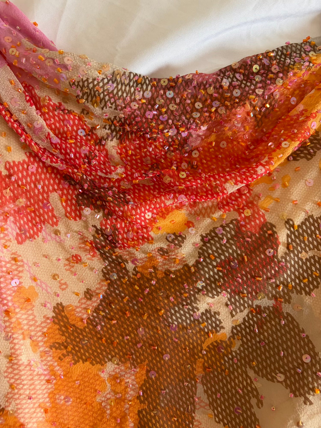Vintage Y2K Rare Silk Asymmetrical Hem Sunset Orange, Red and Brown Midi Dress with Beads and Sequins