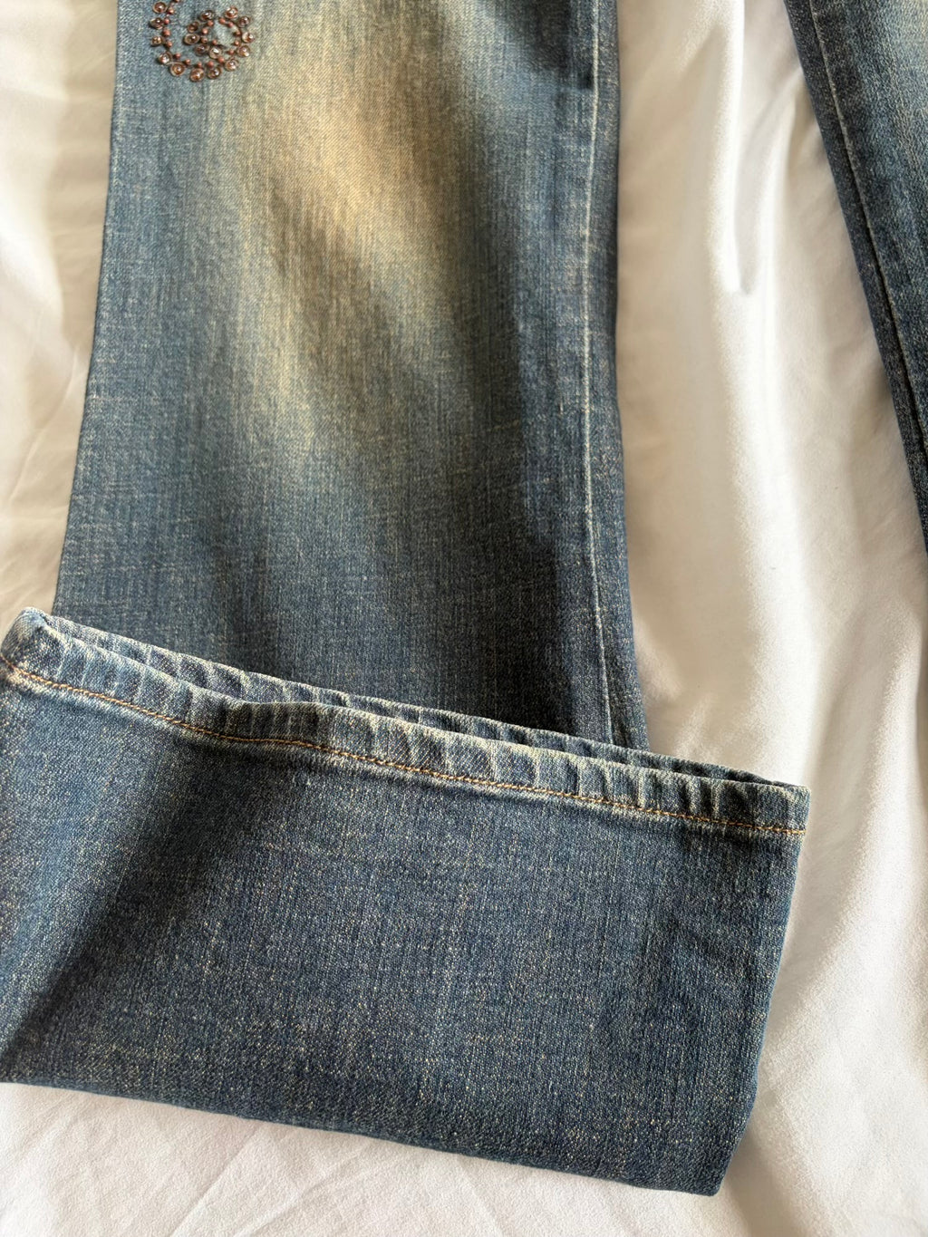 Vintage 2000s Mid Rise Bootcut Flared Jeans with Brown Embellishment and Beads