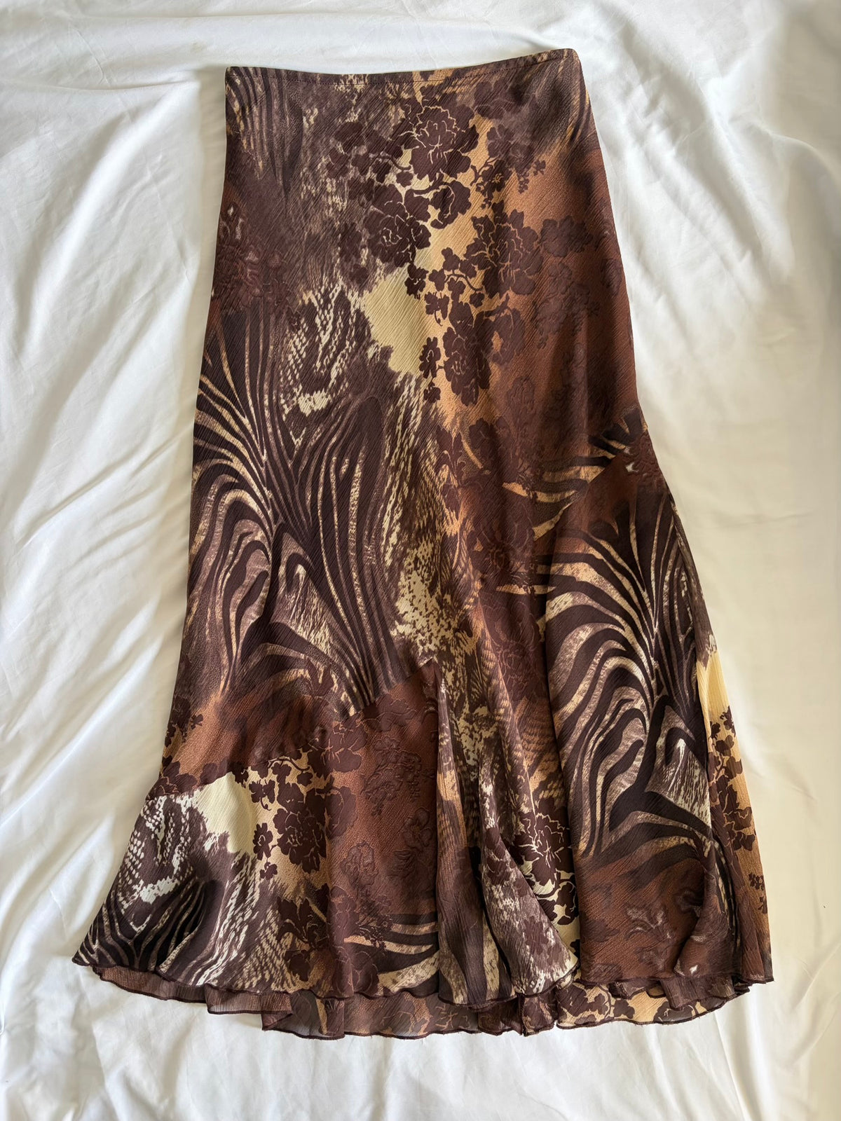 Vintage 1990s Brown Floral and Animal Print Floaty Skirt