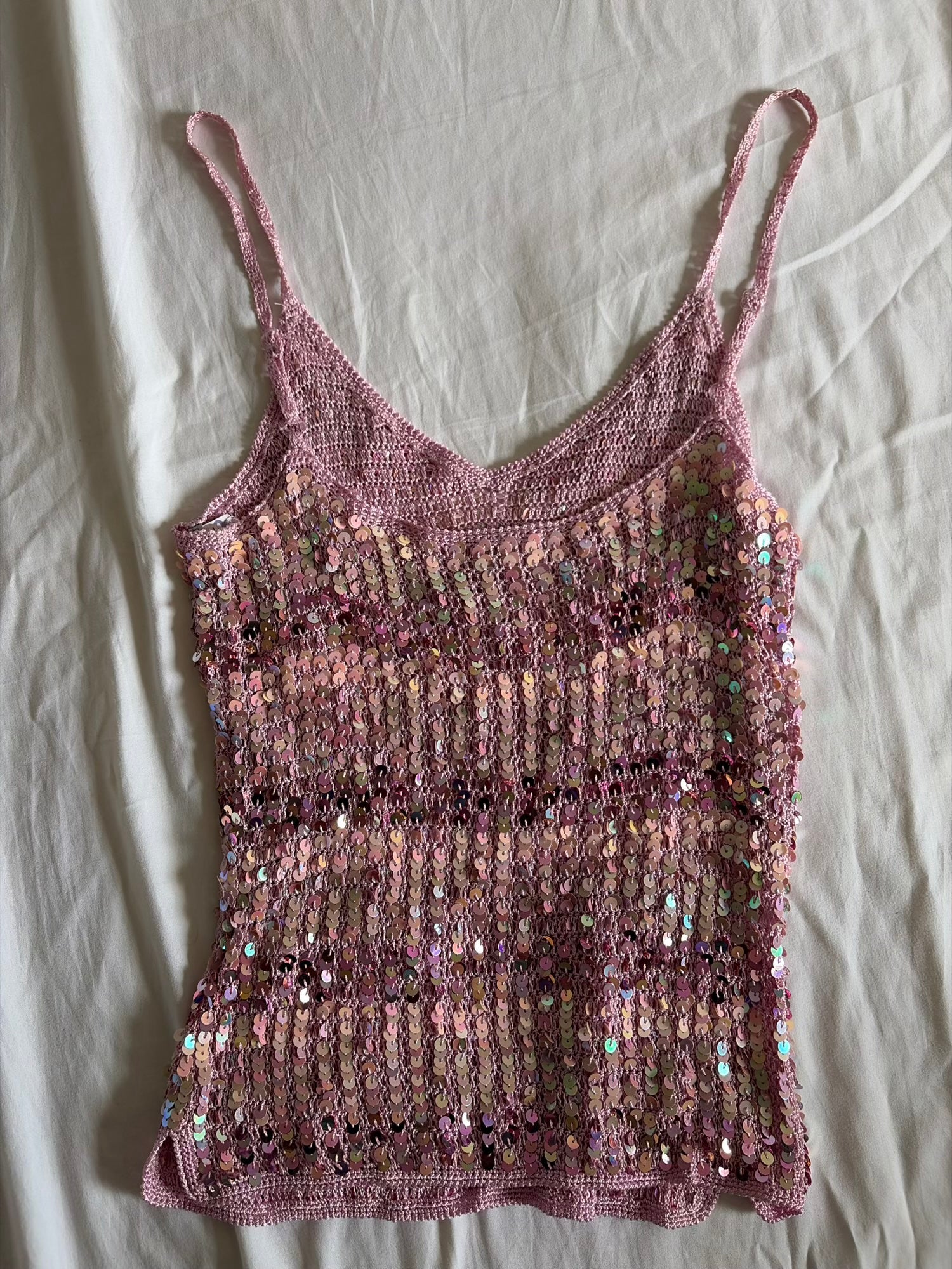 Vintage Y2K Pink Crochet Striped Sequin Cami