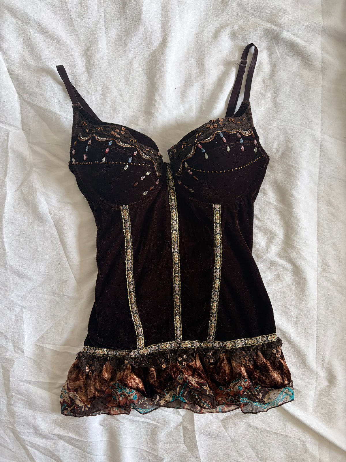 Vintage 1990s Lov3e French Brown Whimsy Sequin Corset Top, UK 8–10