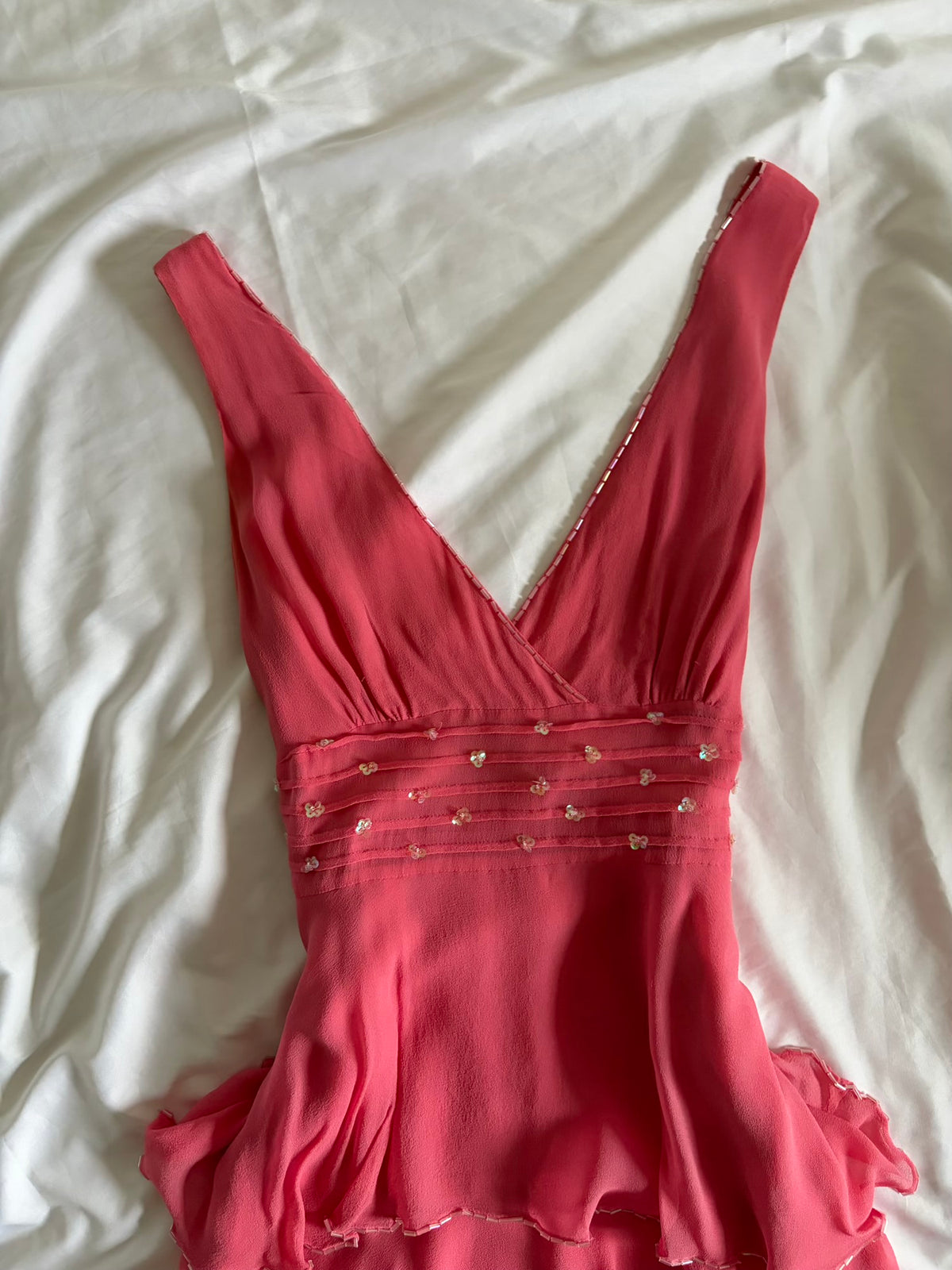 Vintage 2000s Silk Coral Ruffle Midi Dress with Beads and Sequins