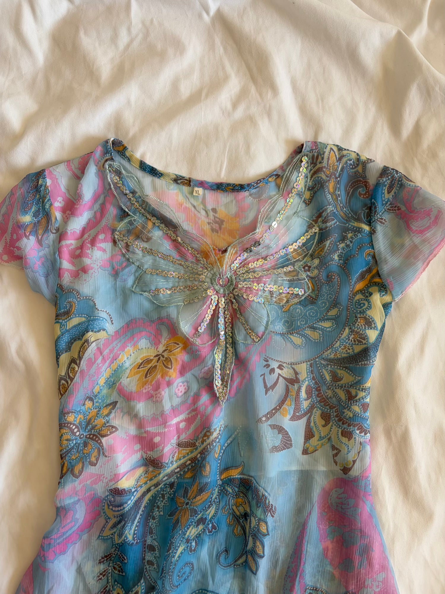 Vintage Y2K blue butterfly paisley short sleeve handkerchief hem top with sequins