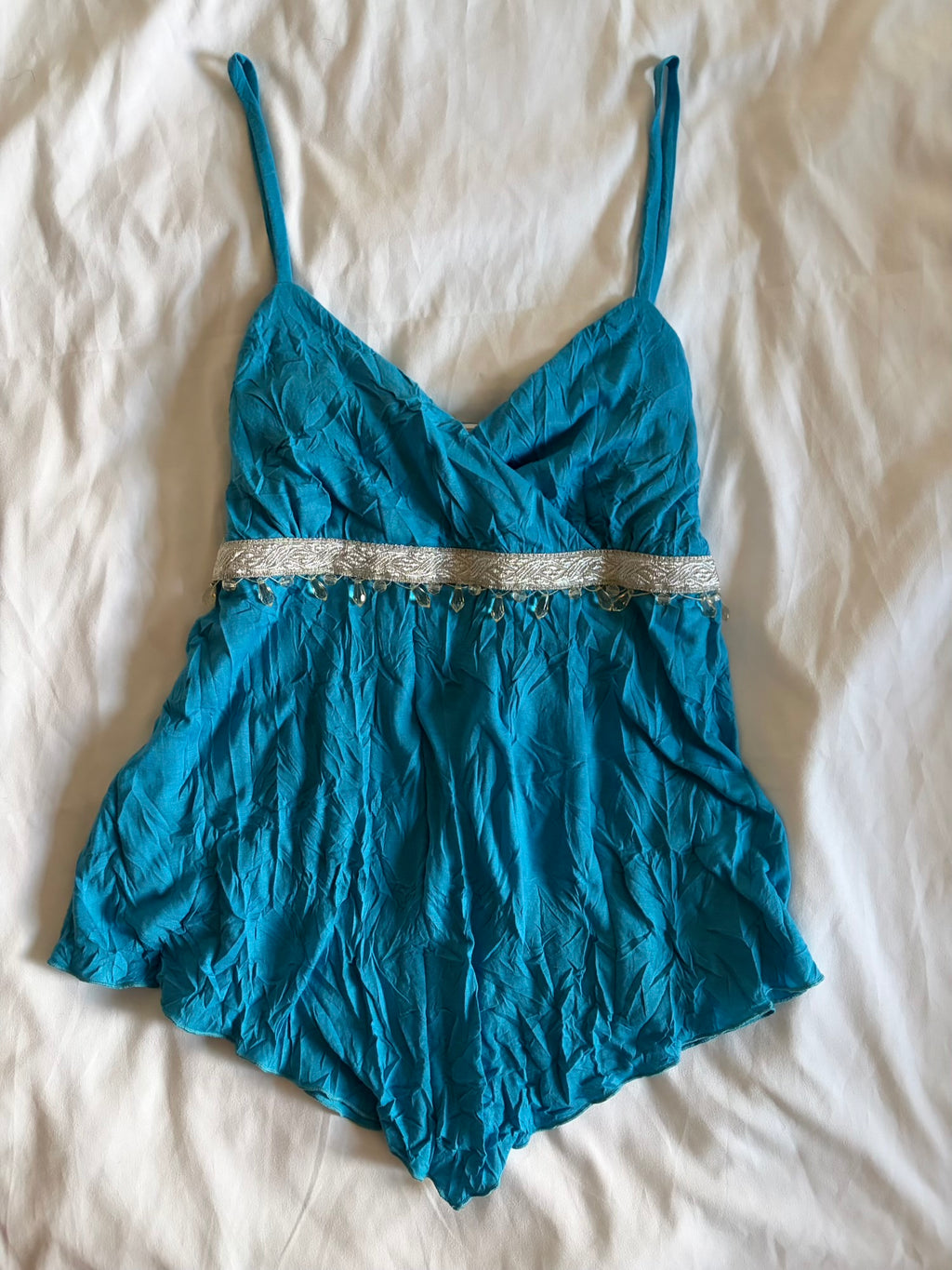 Vintage Y2K crinkle teal cami with underbust beaded detail and asymmetrical hem