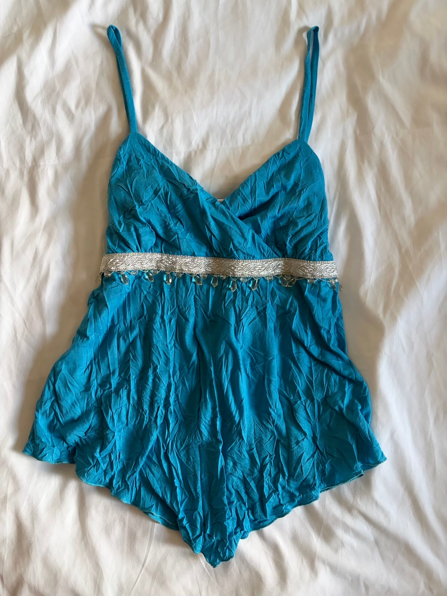 Vintage Y2K crinkle teal cami with underbust beaded detail and asymmetrical hem