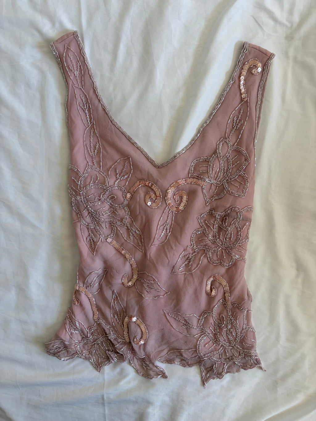 Vintage Y2K Silk Rose Pink Heavily Beaded and Sequin Top